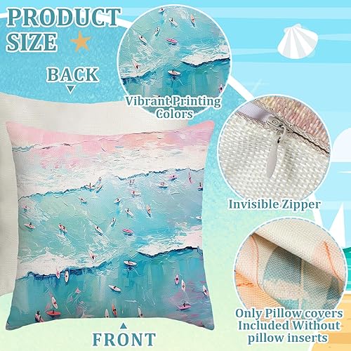 Miniatura 2 de Mixweer 4 fundas de almohada de océano tropical costero, preppy pastel, playa, tabla de surf, funda de almohada retro estética costera paisaje