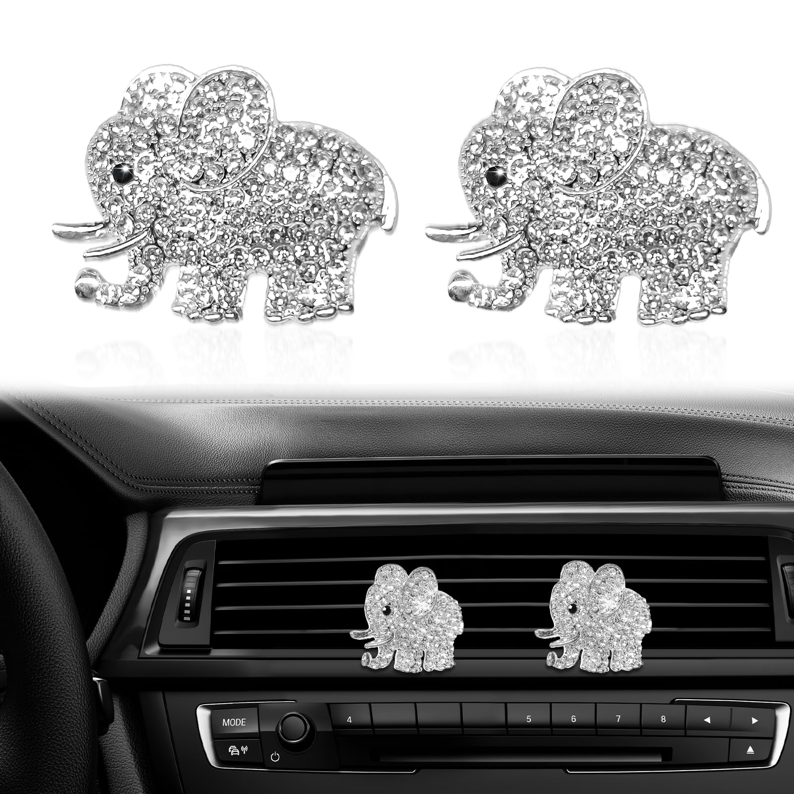 2PCS Elephant Car Air Freshener - Cute Bling Vent Clip for Women, Decorative Accessories for Car Interior, Freshener & Diffuser(Silver)