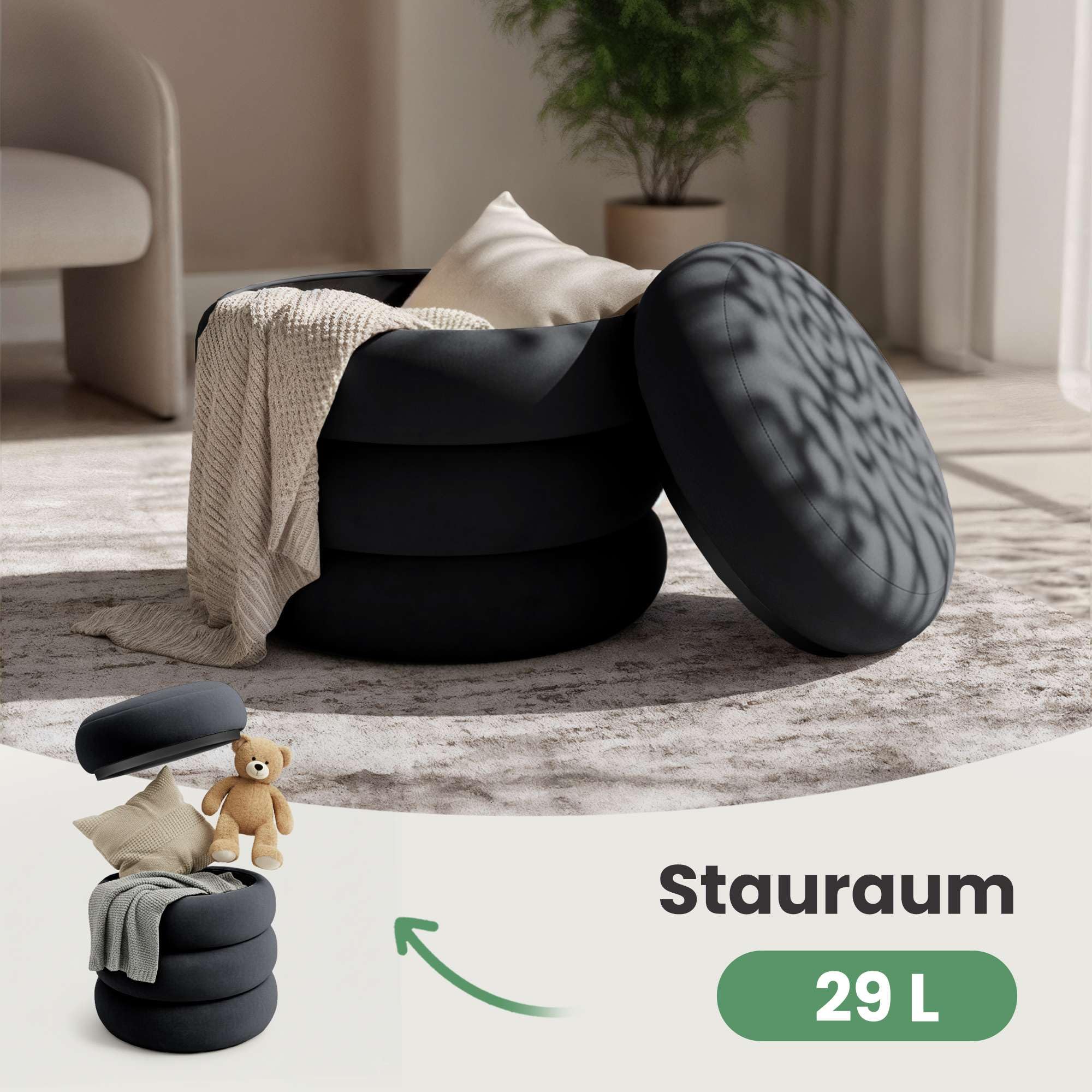 AKORD Sitzhocker aus Samt mit Stauraum SNUGGO 42 cm, Fußstütze Rund, Polsterhocker für Schminktisch, Schlafzimmer, Wohnzimmer Möbel, Make-up-Hocker, Gepolstert, Schwarz