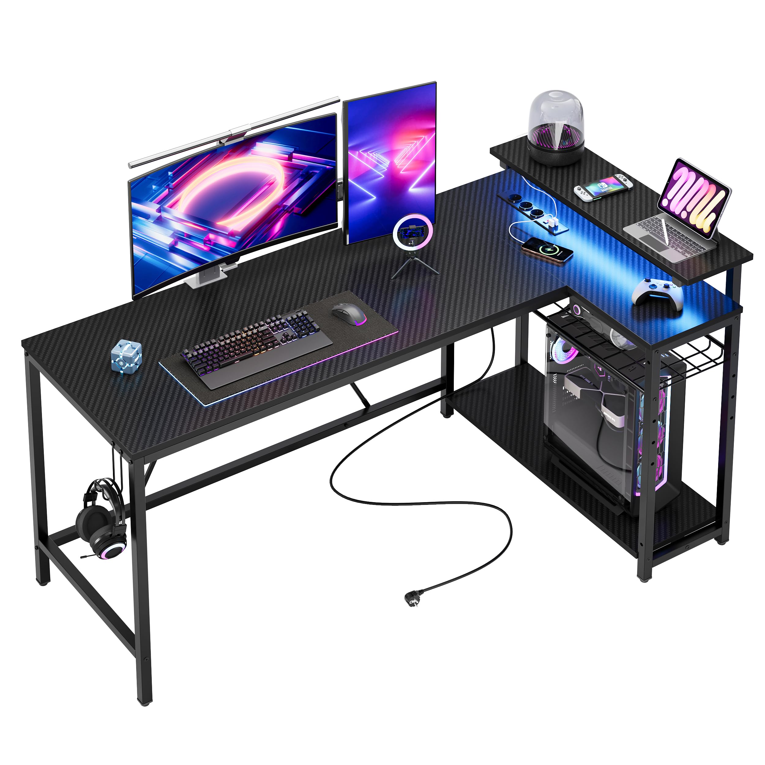 Bestier 147CM L Shaped Gaming Desk con luci LED e prese di corrente, scrivania ad angolo reversibile per l'ufficio domestico con ripiani, postazione PC più grande con ganci per lo studio, Nero