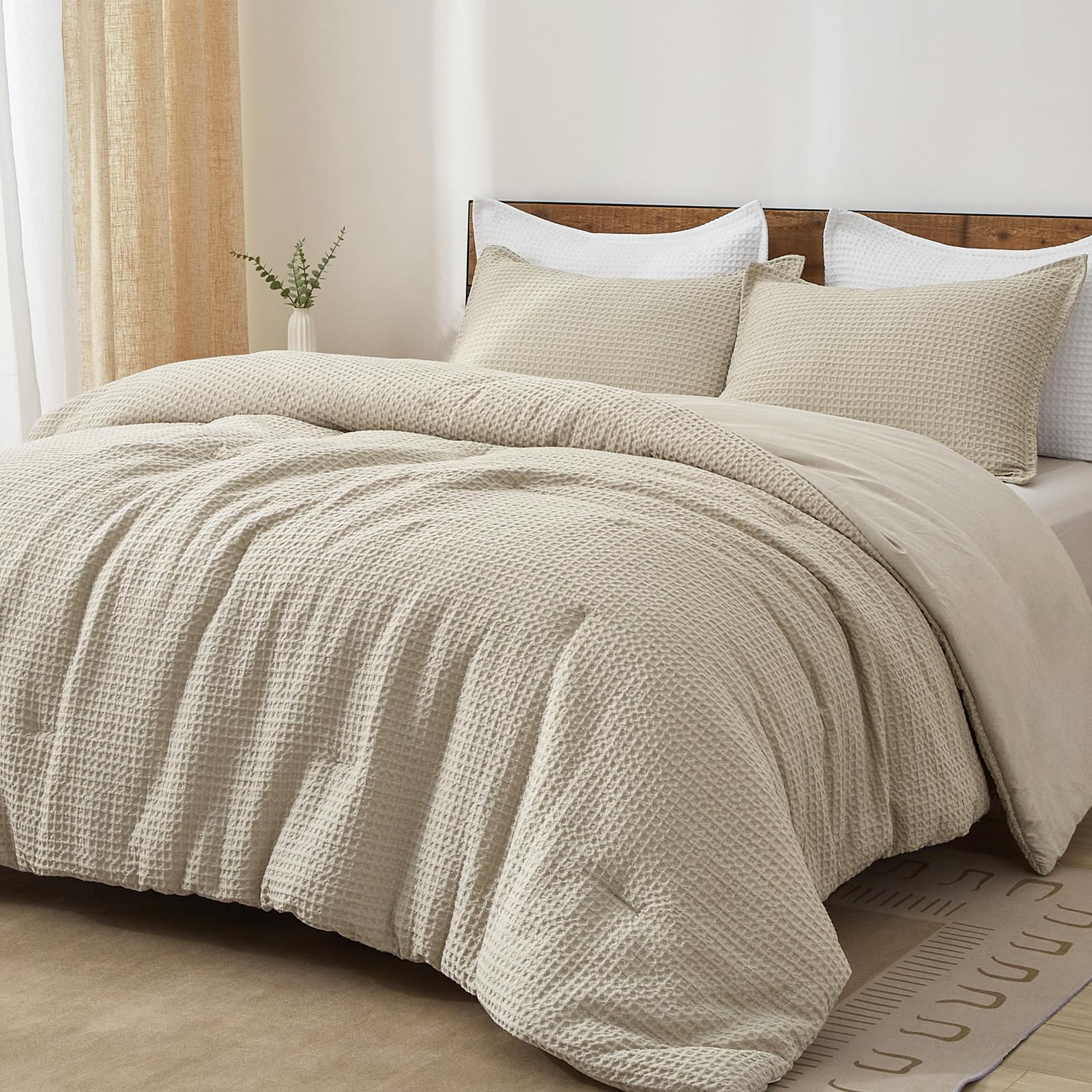 3 Pcs Waffle Weave Comforter King Set, Lightweight Breathable Comfy Bedding Set for All Season, Ultra Soft Textured Comforter Set with 2 Pillow Shams, Linen