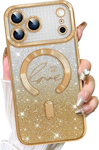 Vista 232 de Fiyart - Funda transparente magnética con purpurina para iPhone 12 para mujeres, con grabado "Love" metálico, protección para cámara y antigolpes