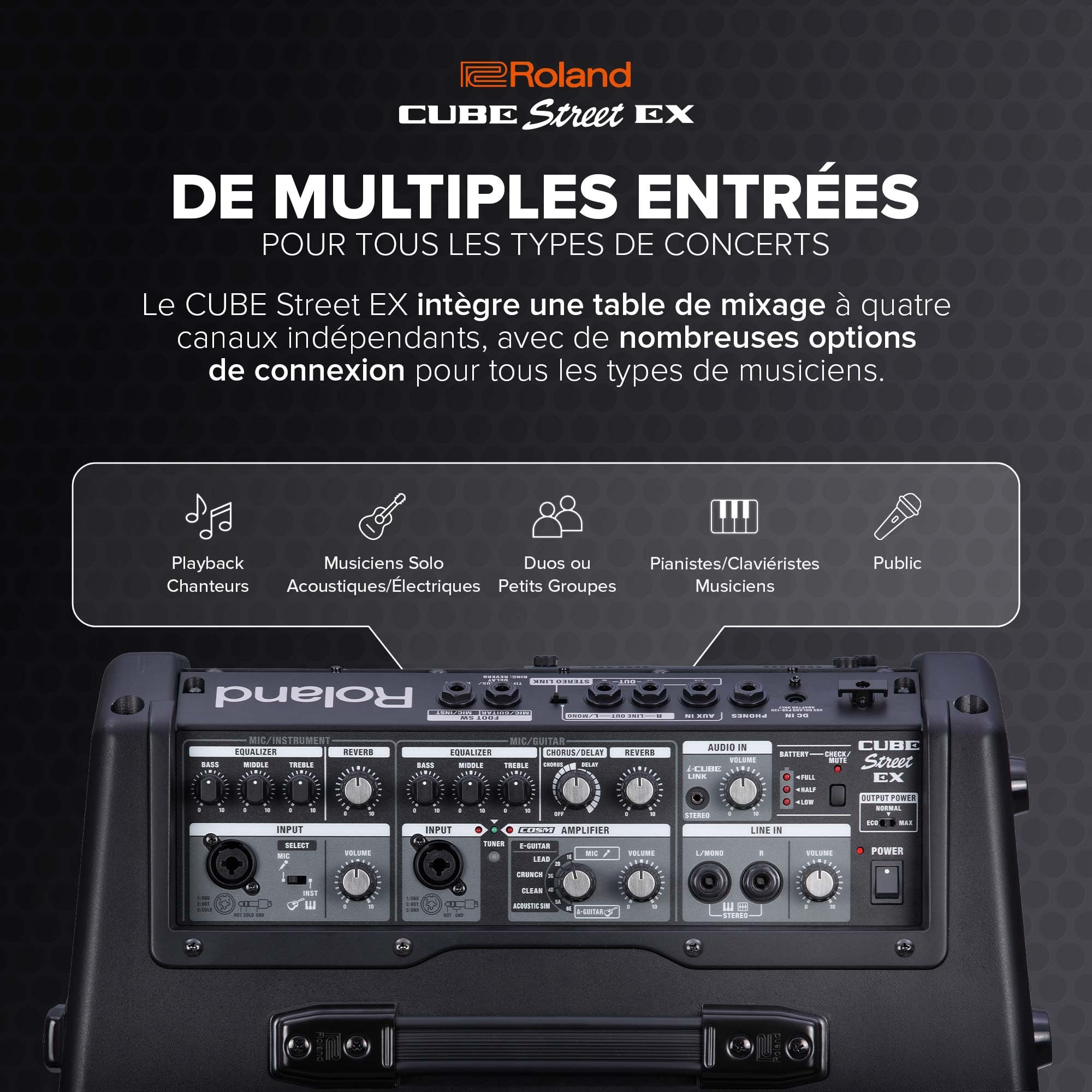 Roland Cube Street EX | Ampli stéréo 50 W alimenté par Piles | Son Clair et Dynamique | Idéal pour Jouer en Plein air | pour micros, Instruments & lecteurs Audio | Sons COSM pour Guitares électriques