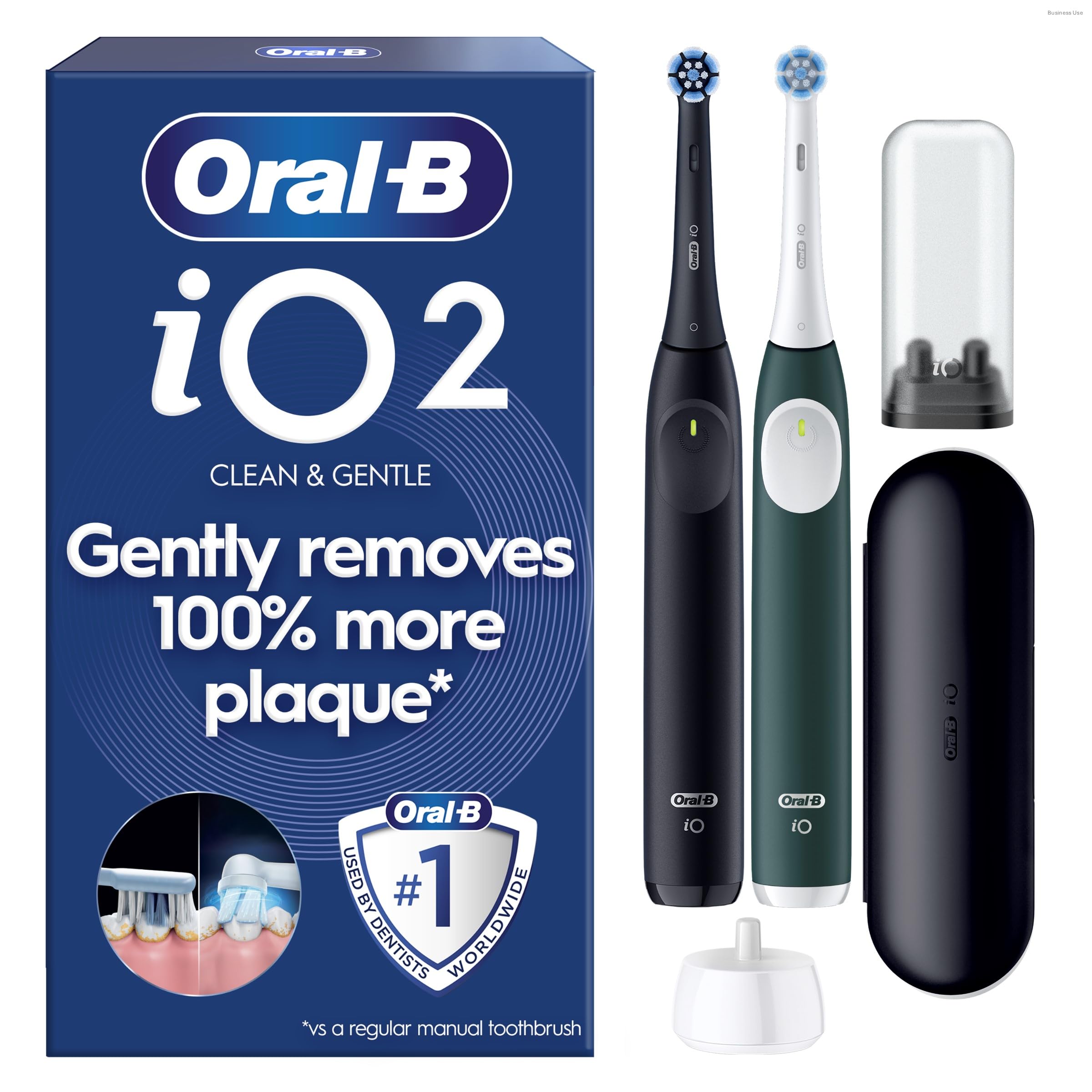 Oral-B iO2 Duo Electric Toothbrushes, 2 Gentle Care Toothbrush Heads, 1 Travel Case, 1 Travel Refill Holder, Toothbrush for Adults (Night Black and Forest Green), Designed by Braun, 2 Pin Plug