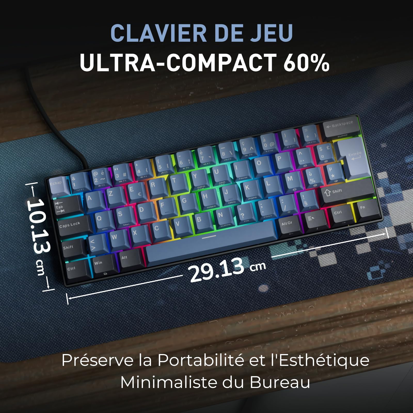 RK ROYAL KLUDGE C61 Clavier mecanique Filaire 60% avec Interrupteur Magnétique à Effet Hall, Rapid Trigger 0.01mm, Polling Rate 8000 Hz, RGB, Clavier AZERTY pour PC/Mac, Bleu