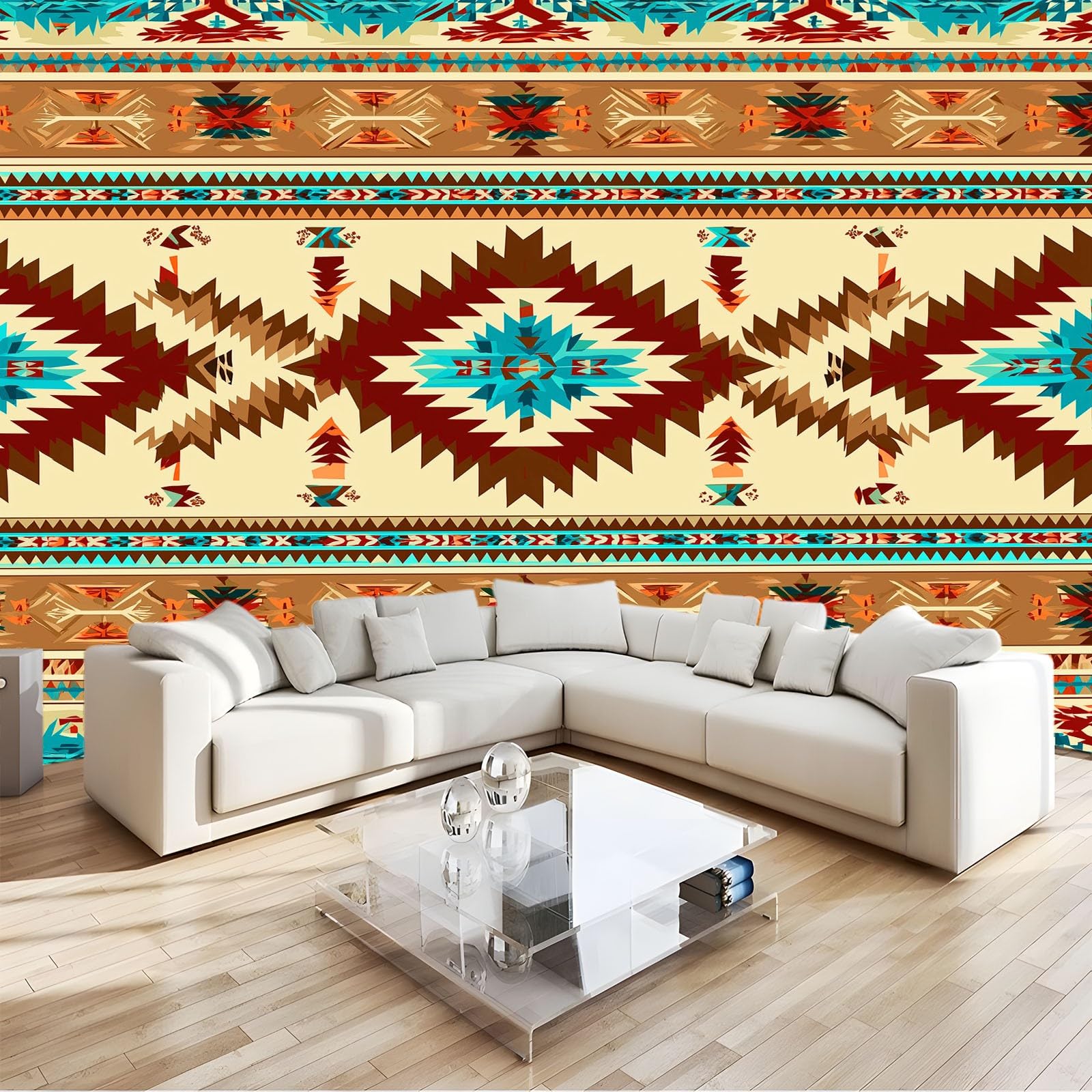 Générique Panoramiczna tapeta 200 x 140 cm tradycyjna retro tkanina plemienna obramowanie - tapeta z efektem 3D gobelin ścienny z włókniny - dekoracja ścienna do salonu, sypialni i kuchni brązowa