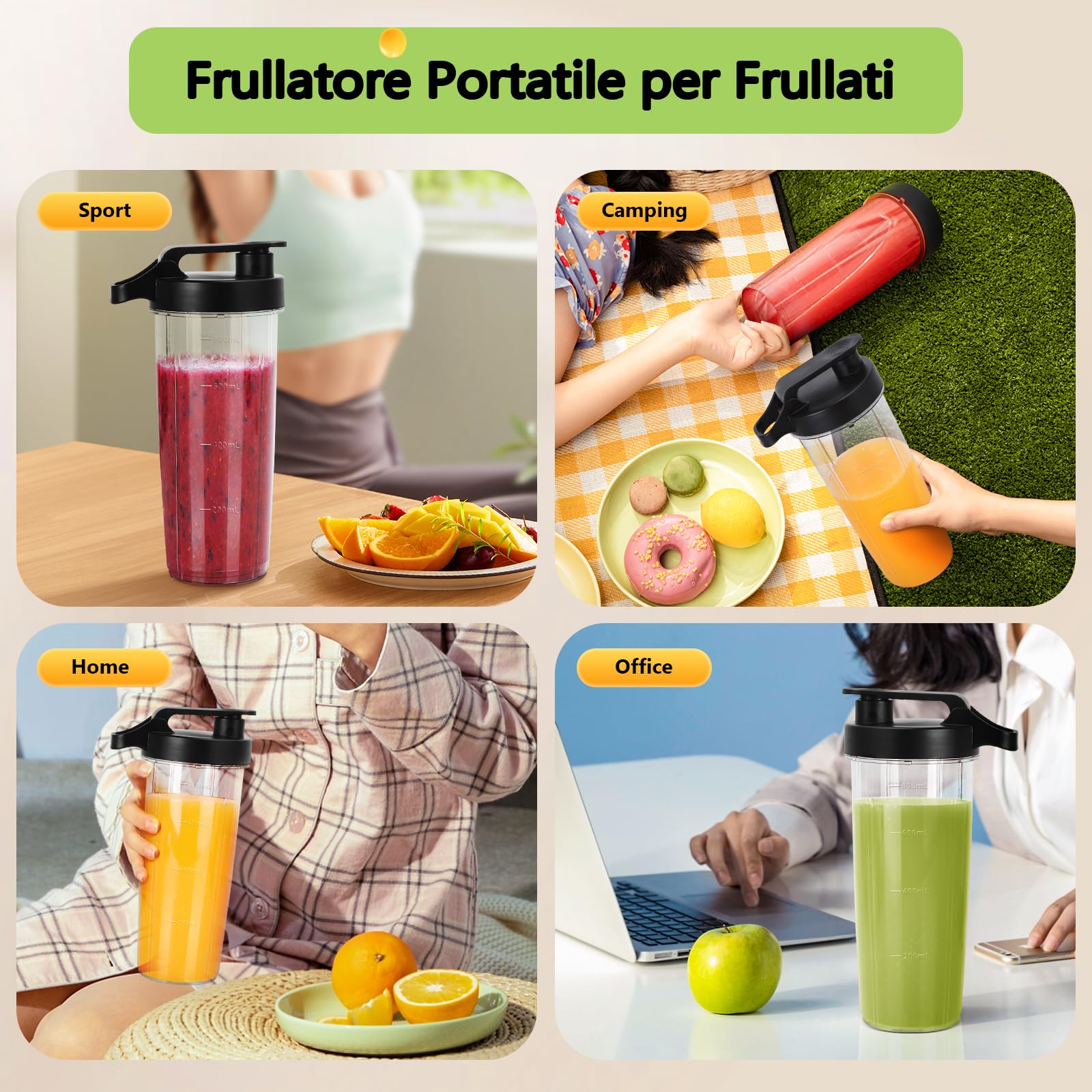 Aigostar Frullatore Portatile, Frullatore Elettrico con borraccia da 2 * 800ml BPA FREE, 2 Velocità e Pulse, 4 Lame Inox, 600W, per Frullati, Trita Ghiaccio e Frutta Congelata. Nero, Baron.