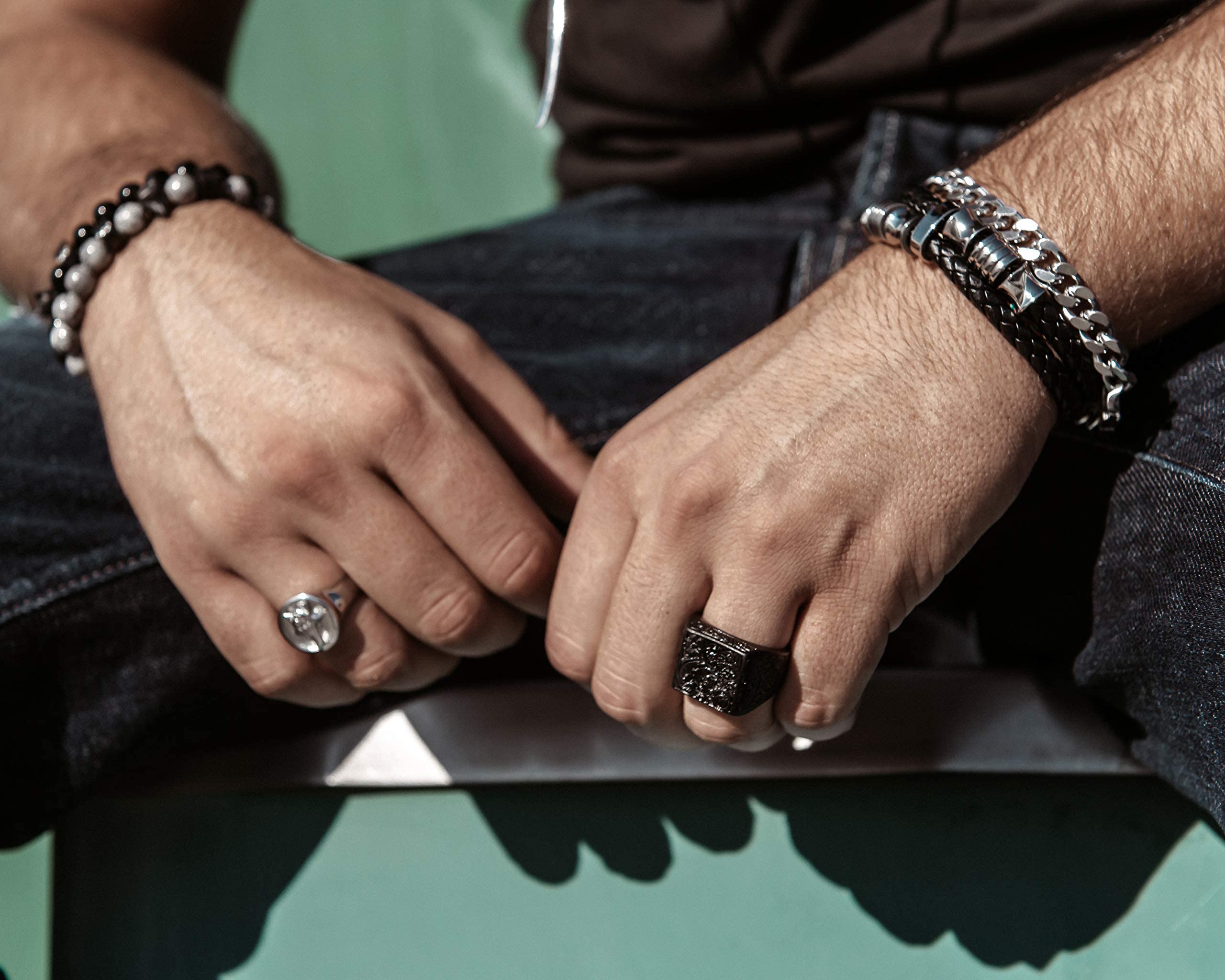 Akitsune Floris Anillo | Design-Anillo Mujer Hombre Acero Inoxidable Sello de adorno floral Grande - Negro Mate - US 9