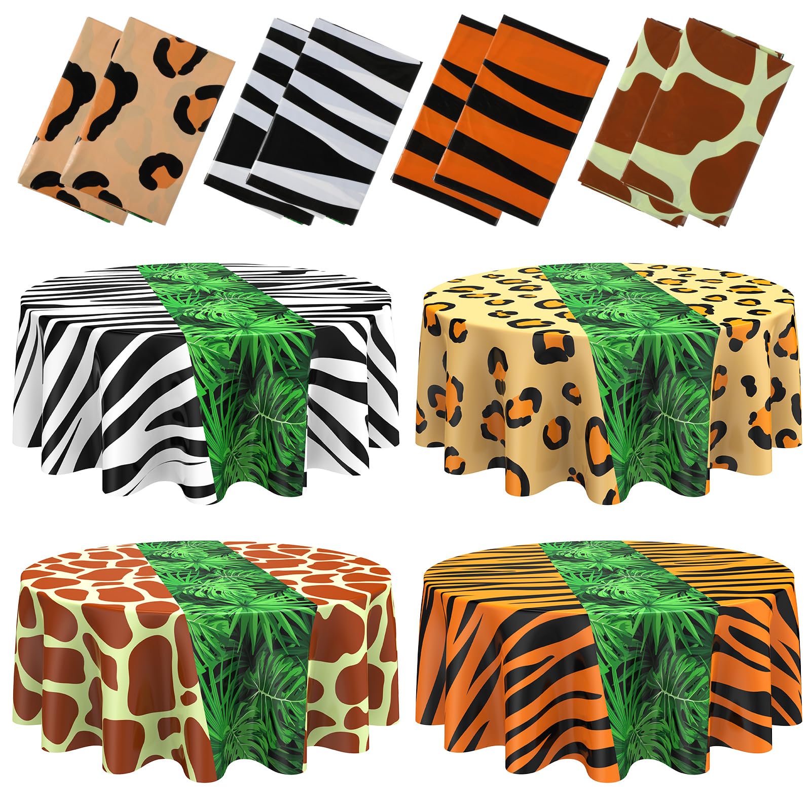 Oudain Round Jungle Safari Tablecloth Animal Print Table Cover Tropical Leaf Tiger Zebra Giraffe Print Table Cloth Wild Decoration for Zoo Party