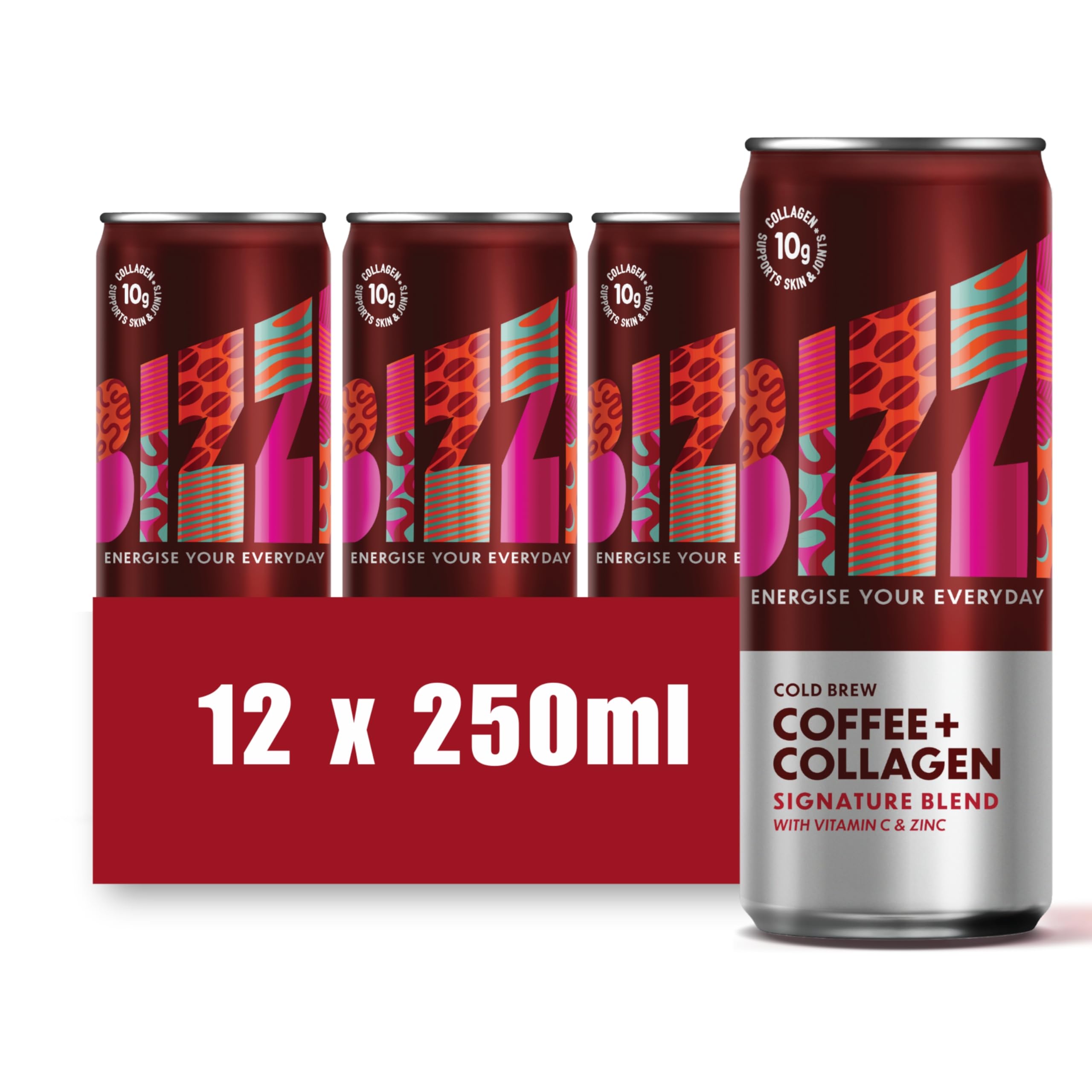 BIZZI Drinks Cold Brew Coffee + Collagen Signature Blend, Smooth Ugandan Infused with Vitamin C & Zinc, 10g Premium Bovine Collagen, Natural Energy for Skin, Nails Joints, 12 x 250ml Cans