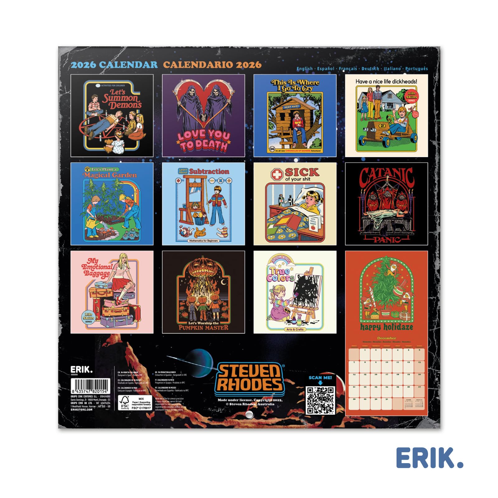 Grupo Erik Wall Calendar 2026 - Steven Rhodes Calendar 2026 | Square 30 x 30 cm - 12 x 12 inches Wall Planner, Family Planner Month To View | Retro Art Gifts, Funny Gifts For Friends