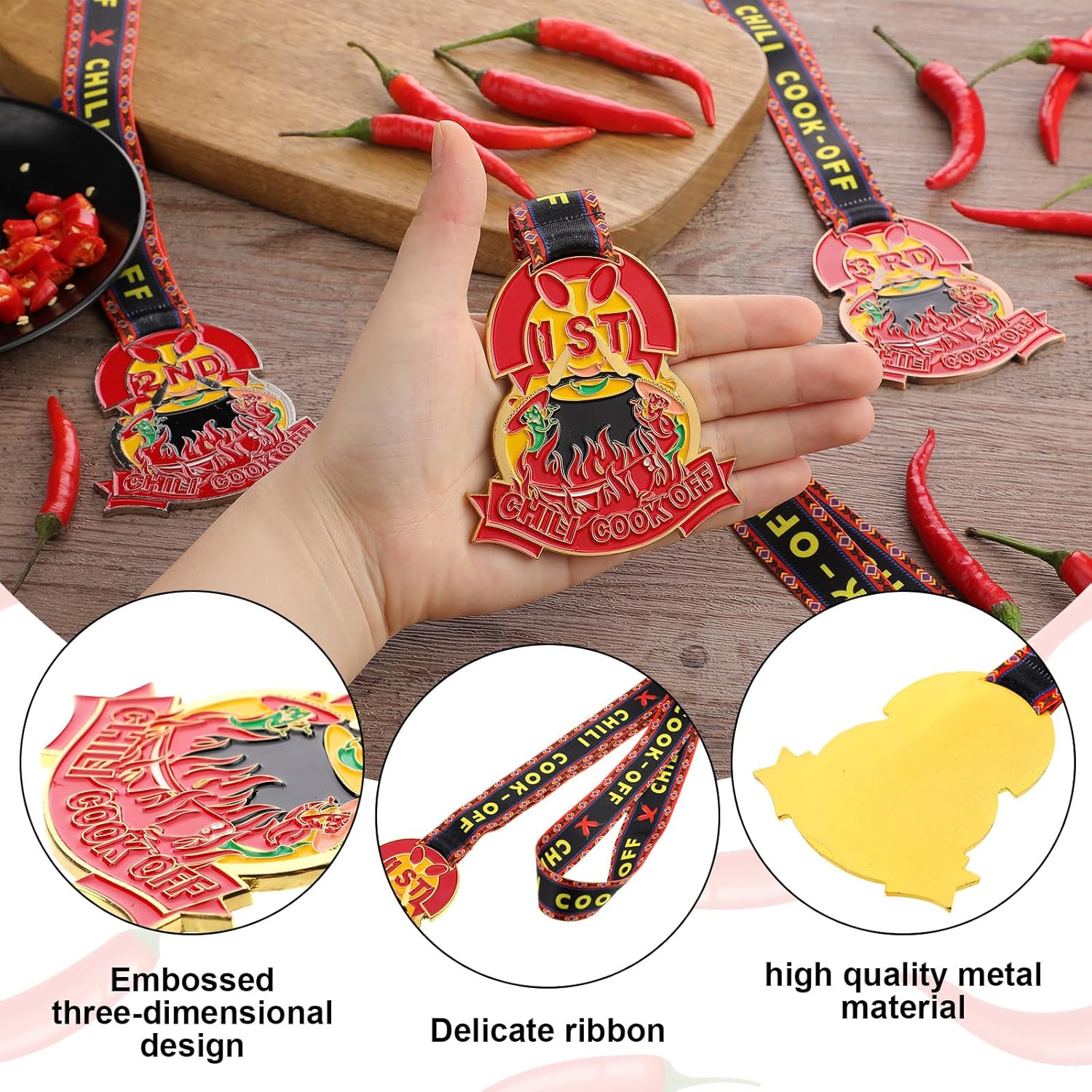 Therwen 3 Packs Chili Cook Off Trophy Medals 1st Place Gold, 2nd Place Silver, 3rd Place Bronze Positions Chili Cook Off Prizes with Neck Ribbons for Award Ceremony - Image 3