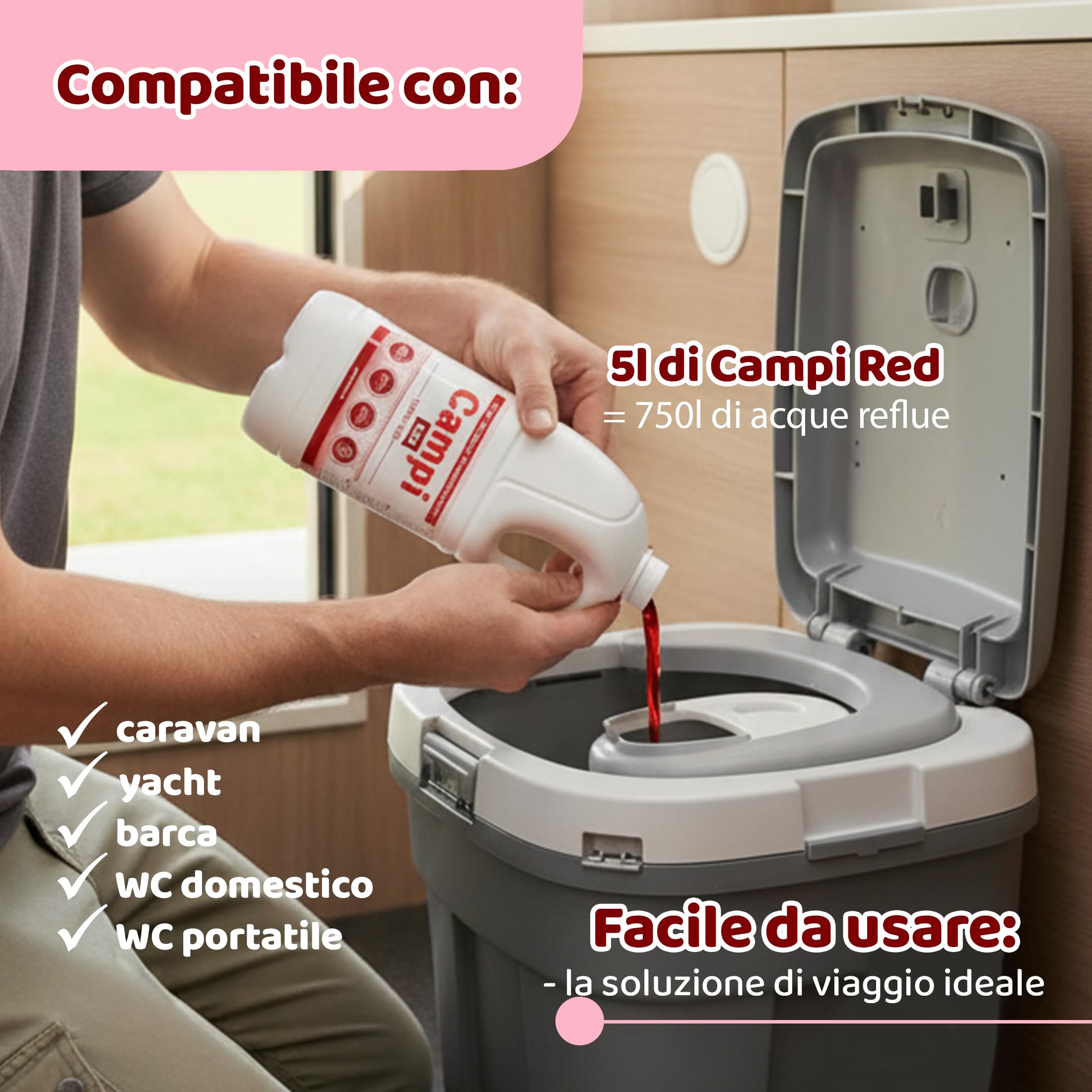 CAMPI Red 5L – Liquido sanitario e additivo per toilette da campeggio – Chimico per WC da campeggio – Per serbatoio dell'acqua di caravan e camper