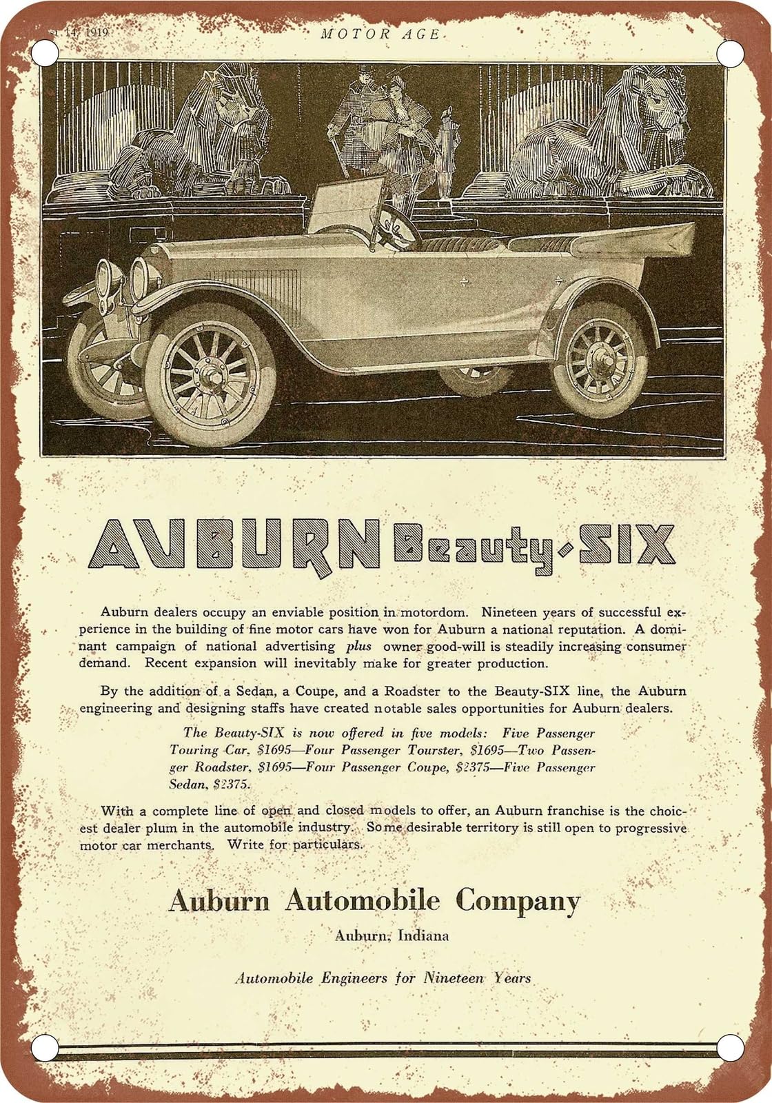 METAL SIGN - 1919 Auburn Vintage Ad 01 - Old Retro Rusty Look home decor