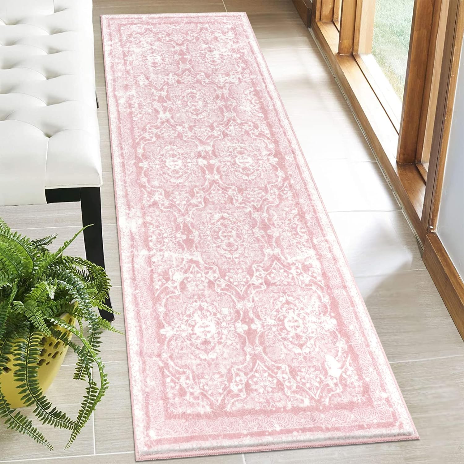 Vaukki Hallway Runner Rug, Vintage Shaggy Soft Laundry Rug Runner, Non Slip Entryway Runner Mat, Washable Farmhouse Kitchen Area Carpet for Bathroom, Entryway and Bedroom (2' X 6', Pink) 2' x 6' (Runner) Pink SIMILAR NOT THE SAME