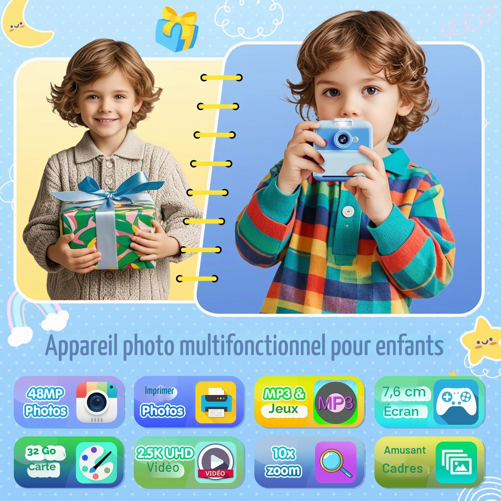 CAMCLID Appareil Photo Instantané Enfants, 3,0 Pouces Appareil Photo Numérique Enfant, 48MP/2,5K UHD Appareil Photo Enfant avec Carte 32GB, Jouet Cadeau Exquis pour Garçons Filles 3-12 Ans