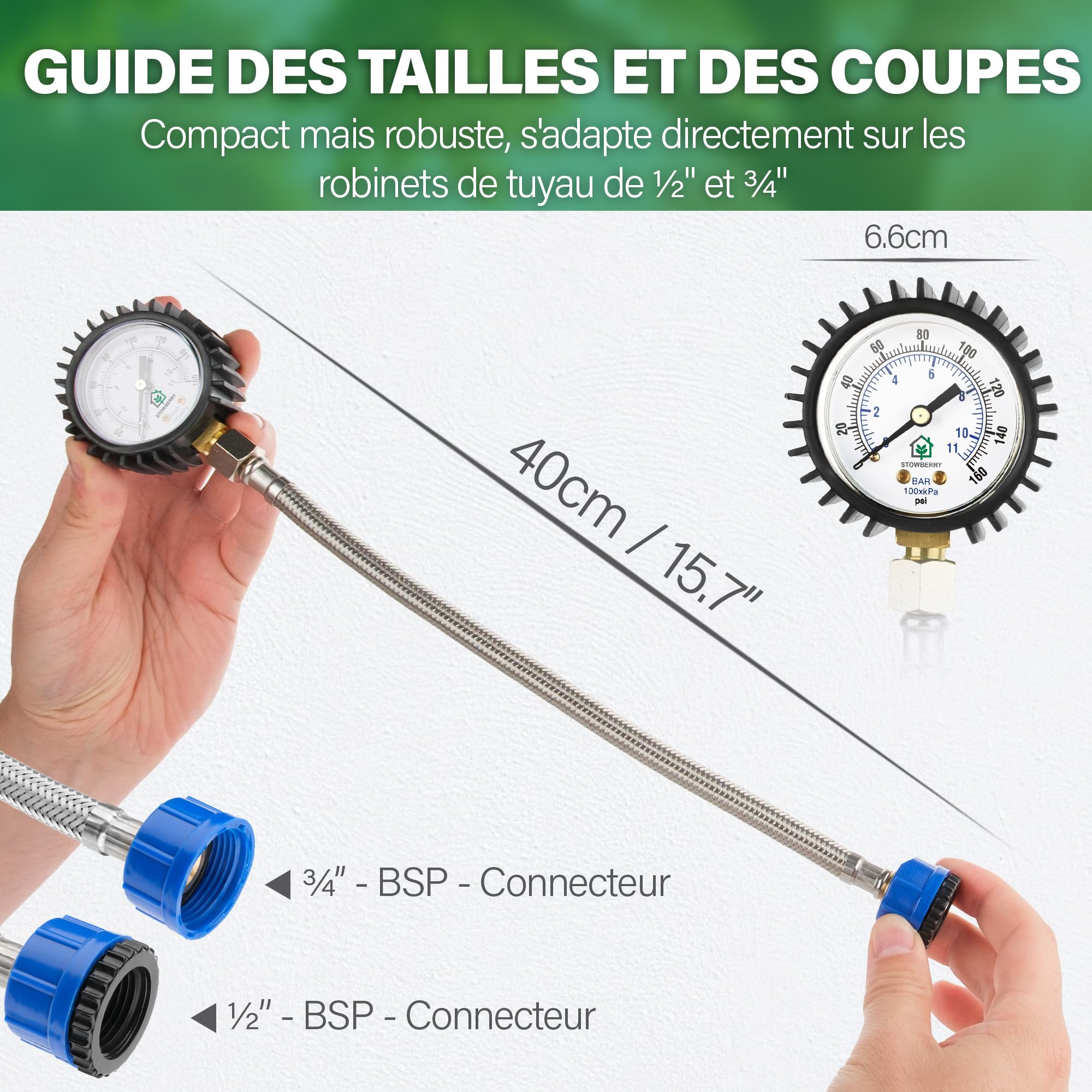 Manomètre de pression d'eau réseau 0-11 bar 0-160 PSI avec connecteur pour robinet de tuyau