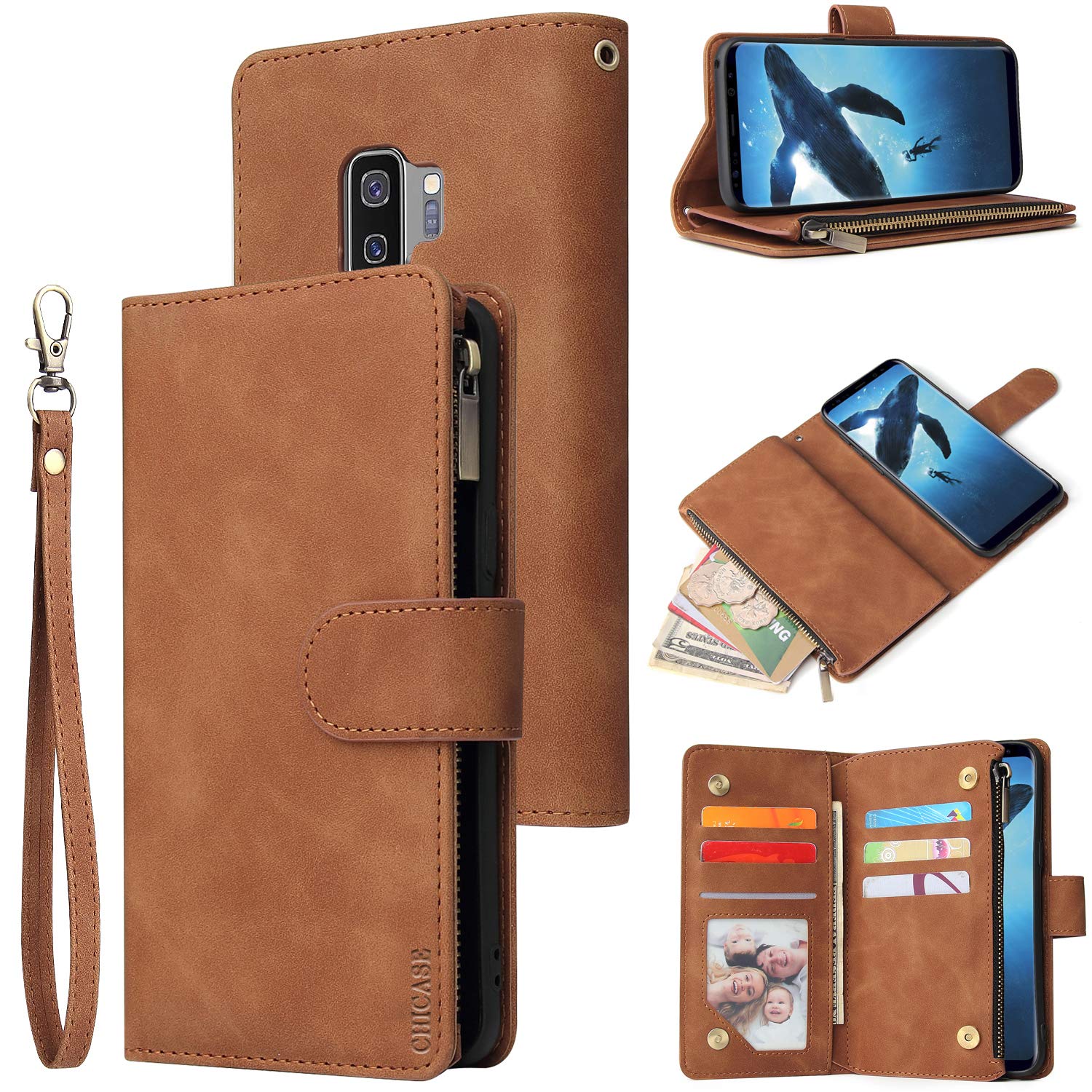 CHICASE Wallet Case for Galaxy S9,Samsung S9 Case,Leather Handbag Zipper Pocket Card Holder Slots Wrist Strap Flip Protective Phone Cover for Samsung Galaxy S9(Brown)