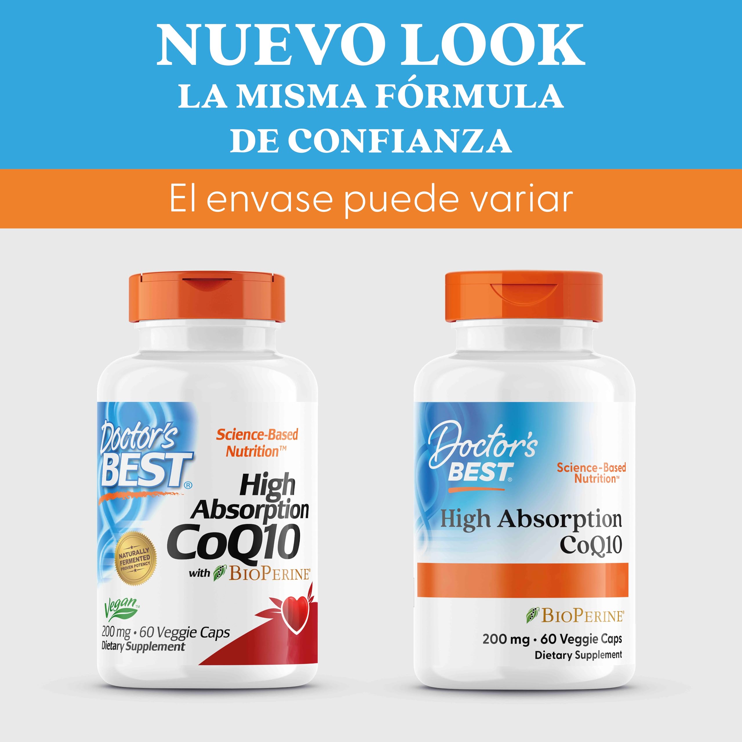 Doctor's Best, High Absorption CoQ10, BioPerina, 200mg, 60 Cápsulas veganas, Probado en Laboratorio, Sin Gluten, Sin Soja, Vegetariano