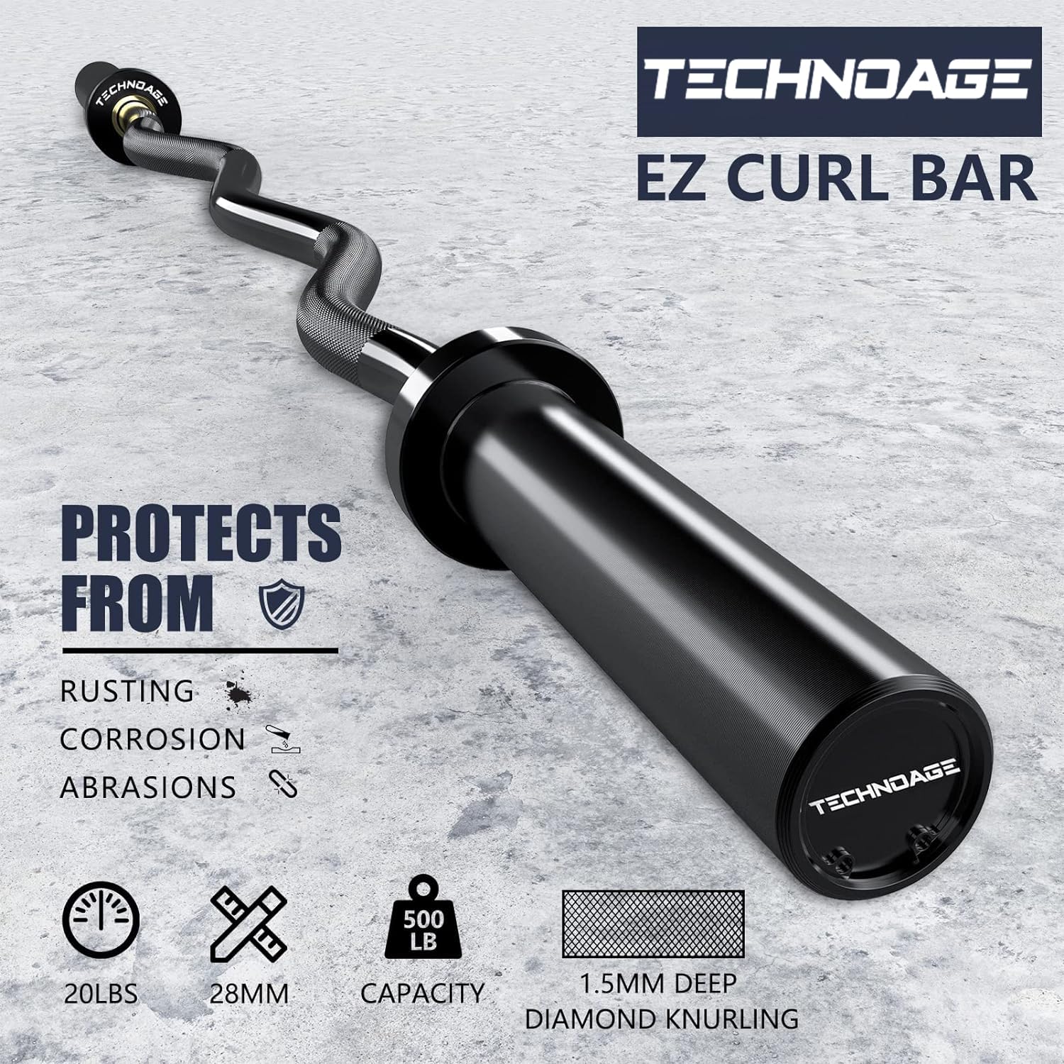 TECHNOAGE EZ Curl Bar 119,4 cm Olympic Curl Bar 226,8 kg Capacità di carico per piastre bilanciere 5,1 cm, bilanciere cromato nero massiccio con boccola in rame e collegamento del cuscinetto