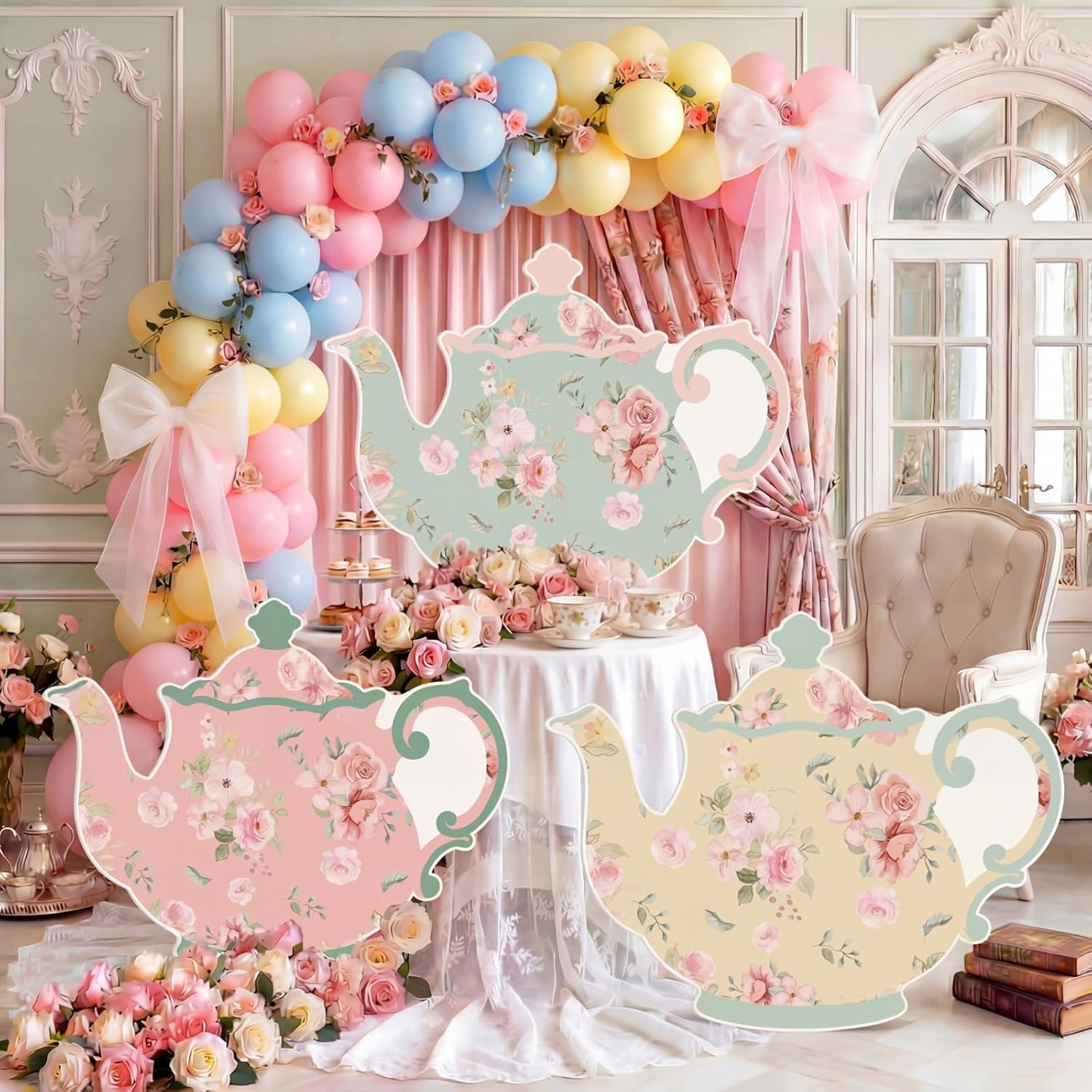 Yookeer 3 Pcs Large Tea Party Decorations 19.69 Inch Plastic Teapot Cutouts with Stand Pink Green Yellow Tea Party Backdrop Wonderland Garden Sign for Bridal Shower Birthday Wedding