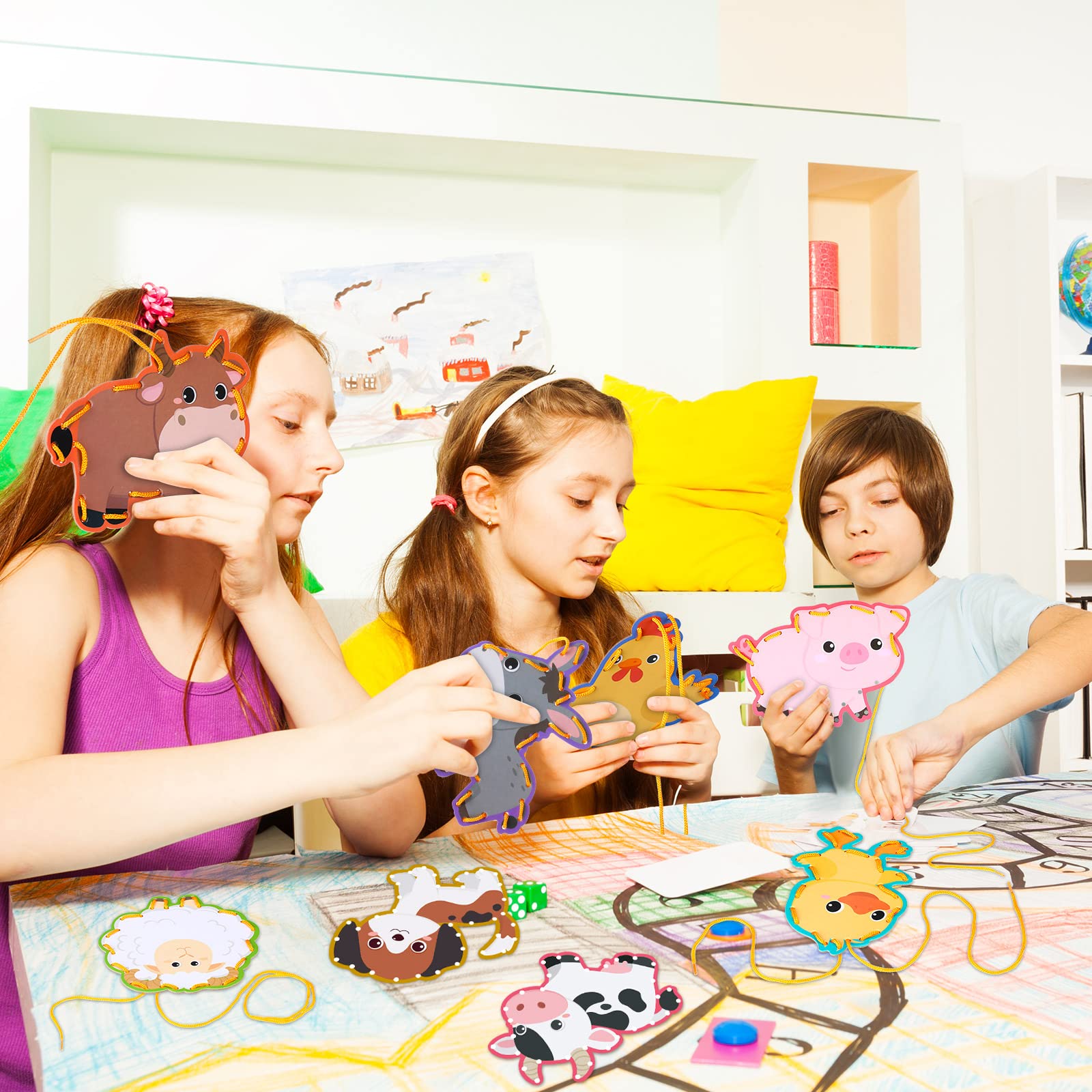 10 tarjetas de cartón para coser de animales de granja para niños, resistentes de doble cara, juegos de juego para niños que desarrollan suministros educativos de imaginación 6