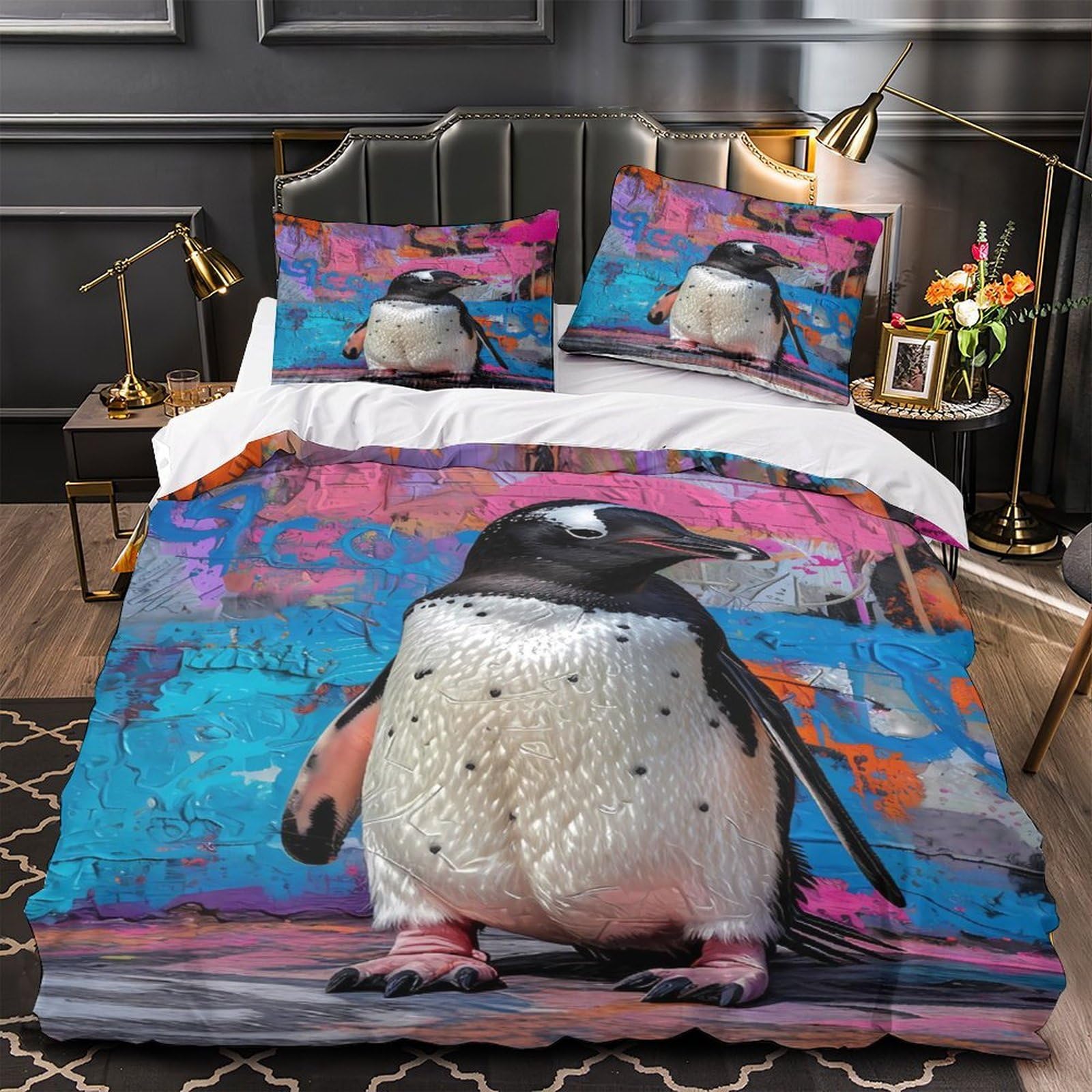 MMDASBVPE Penguin Standing Comforter Cover 3D Print Hypoallergenic 3PCs Bed Linen Hidden Zipper Quilt Cover Extra Soft Durable for Teens Youth Adults Women Kids Boys King（220x240cm）