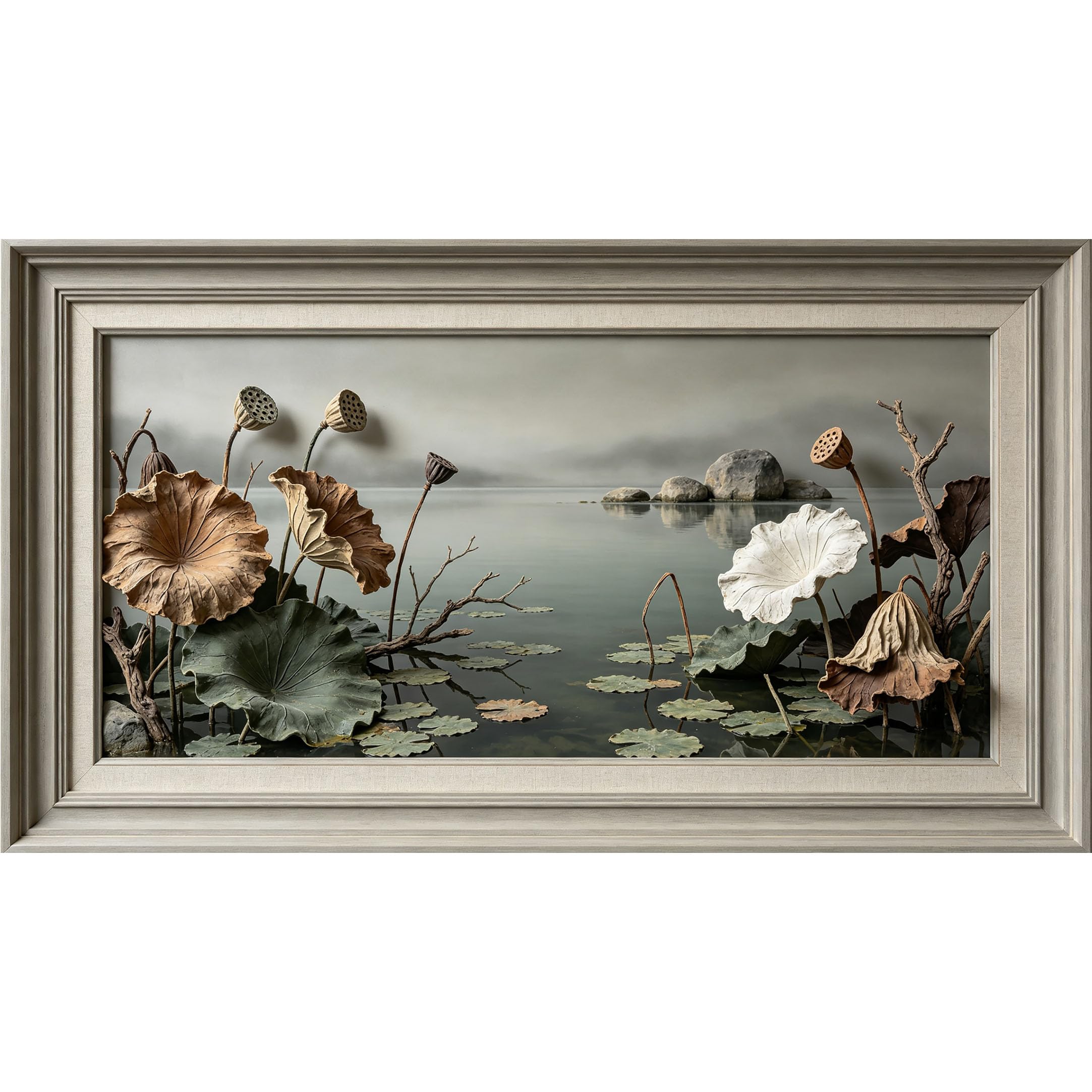QZLITHOTIC 50×100cm 3D Framed Wall Art， Botanical Lotus Pond Landscape Self?Adhesive Mural， Water?Activated Peel & Stick Fabric Decor Wall Decal for Bedroom Living Room