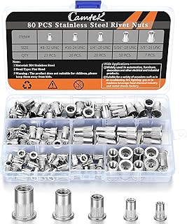 80PCS Stainless Steel Rivet Nut Set, Camtek 304 Stainless Steel Rivet Nut Flat Head Threaded Rivet nut Insert Nutsert Assortment Kit -5 Sizes(8-32 UNC,10-24 UNC,1/4-20 UNC,5/16''-18 UNC,3/8''-16 UNC)