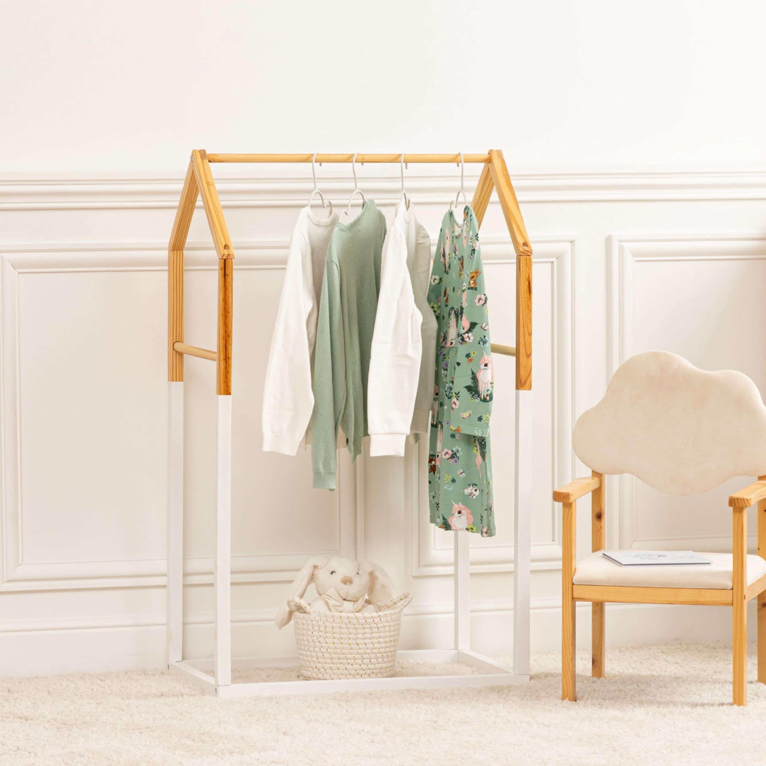 Miroytengo Perchero Infantil Burro de Ropa Forma de Casa con 3 Barras Color Blanco y Roble 60 cm