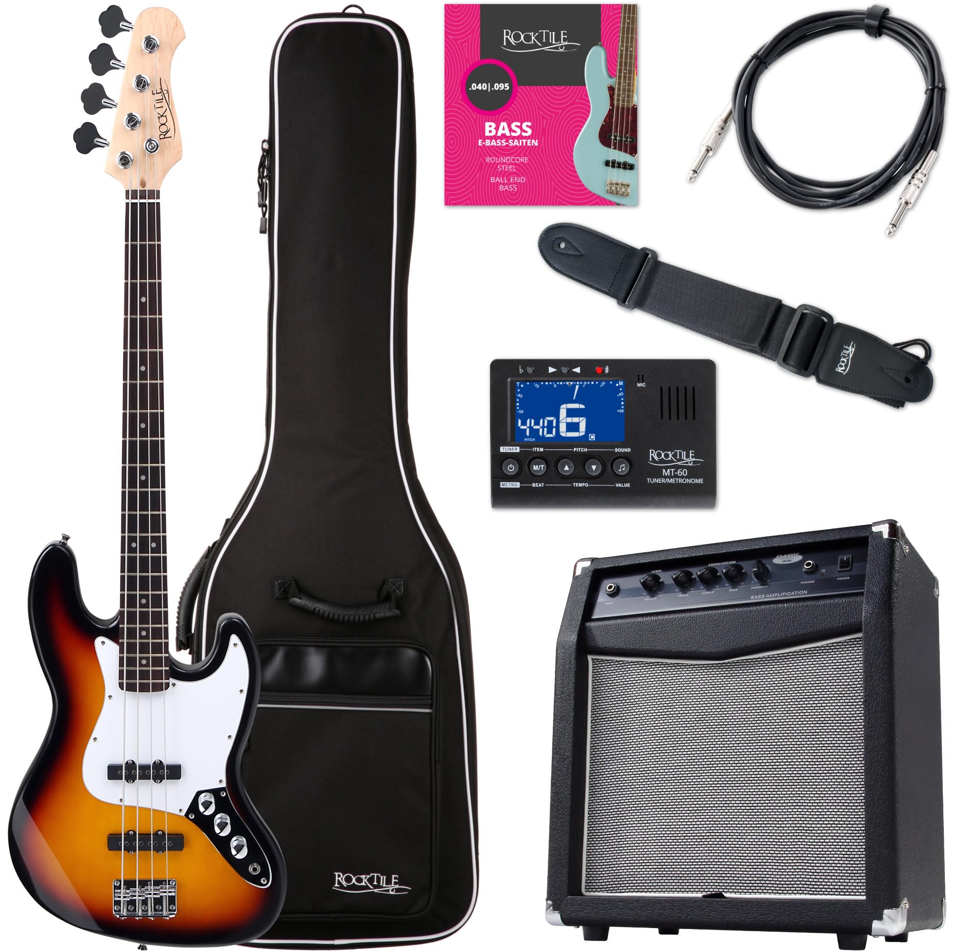 Rocktile Fatboy II SB E-Bass Starter Bundle Komplettset 7-teilig: 4-saitige Bass Gitarre inkl. Verstärker, Tasche, Stimmgerät, Gurt, Kabel, Saiten - Sunburst