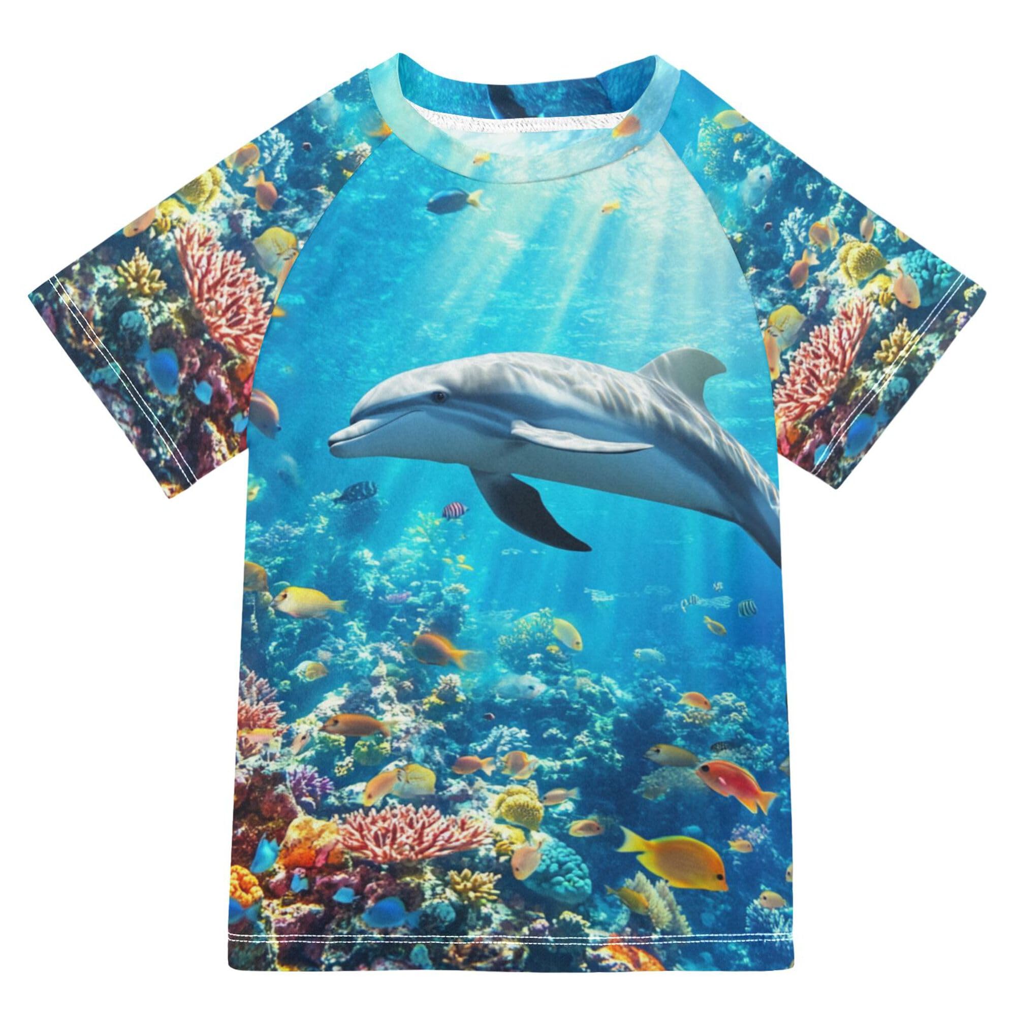 Wudan Cartoon Dolphin Cute Fishes Boy Bathing Suit Short Sleeves Girl Swim Rashguard Swimwears T Shirts for Big Boy 7-8Y