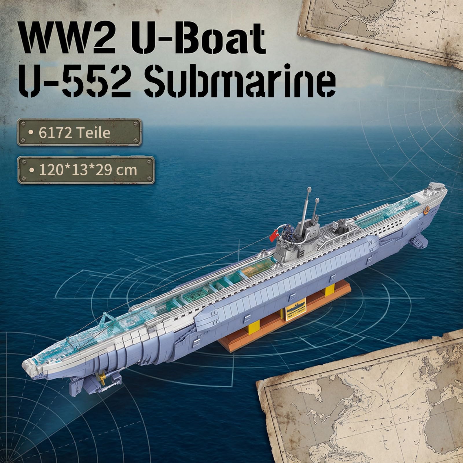 WWII U-552 Submarine U-Boot Klemmbausteine Technik - 6172 Teile 102 cm Länge Deutsches Schlachtschiff, Military Series MOC Sets für Erwachsene Kompatibel mit Panlos