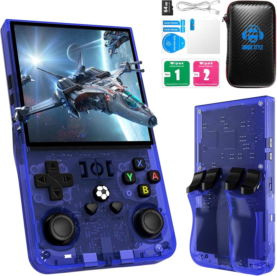 R36MAX Retro Handheld Game Console, 4.0 Inch 720x720 IPS Screen, 64GB Built-in 18,000+ Classic Game, Portable Hand Held Open Source Linux System, 4000mAh Battery Retro Gaming Console(Blue 64GB)