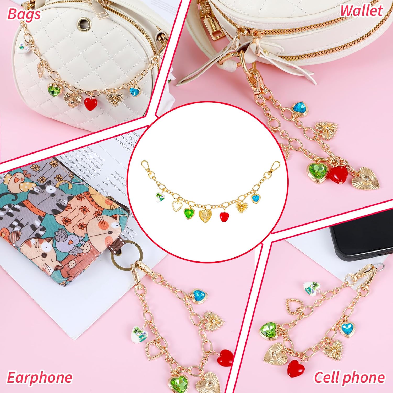 Bag Charms for Handbags with Red Rhinestones, Heart Cherry Keychain Purse Charms, Cute Bag Chain Purse Accessories (Gold) - Image 5