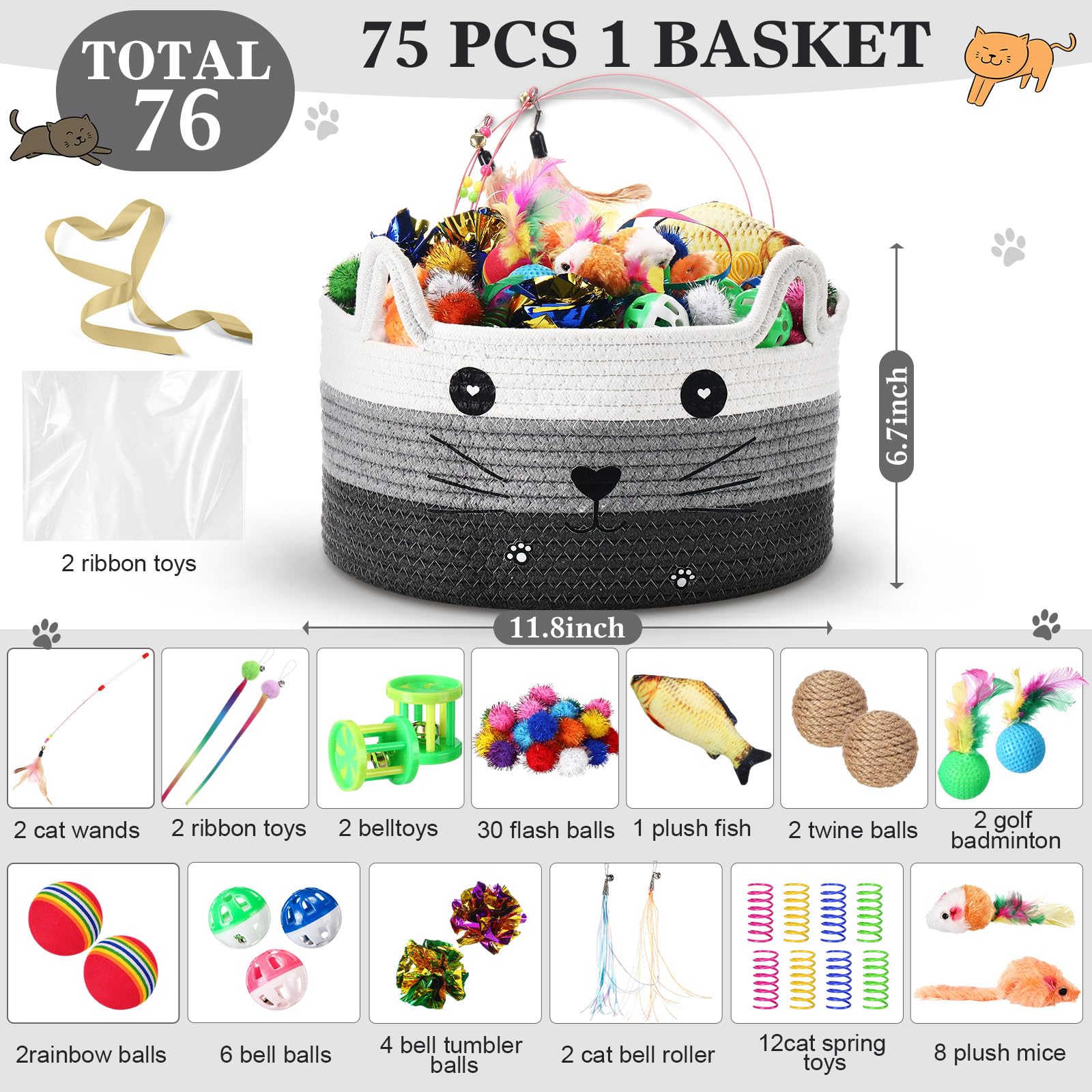 Zopeal Lot de 76 jouets interactifs pour chat, baguette pour chaton, balles clignotantes colorées, clochette pour animal domestique, balles froissées pour attirer le chaton à taper, mordre, chasser