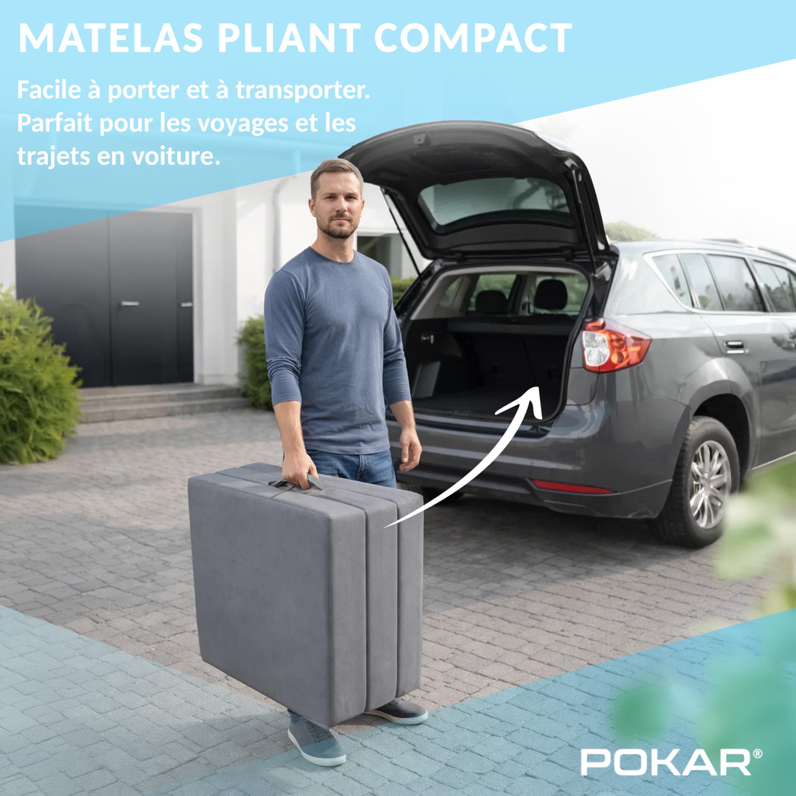 POKAR Matelas Pliable 80x195x15 cm | Matelas Pliant en 3 Parties | Matelas d'Appoint pour Invités et Camping | Matelas en Mousse Extra Épais, Housse Amovible | Oeko-TEX | Fabriqué en UE | Gris