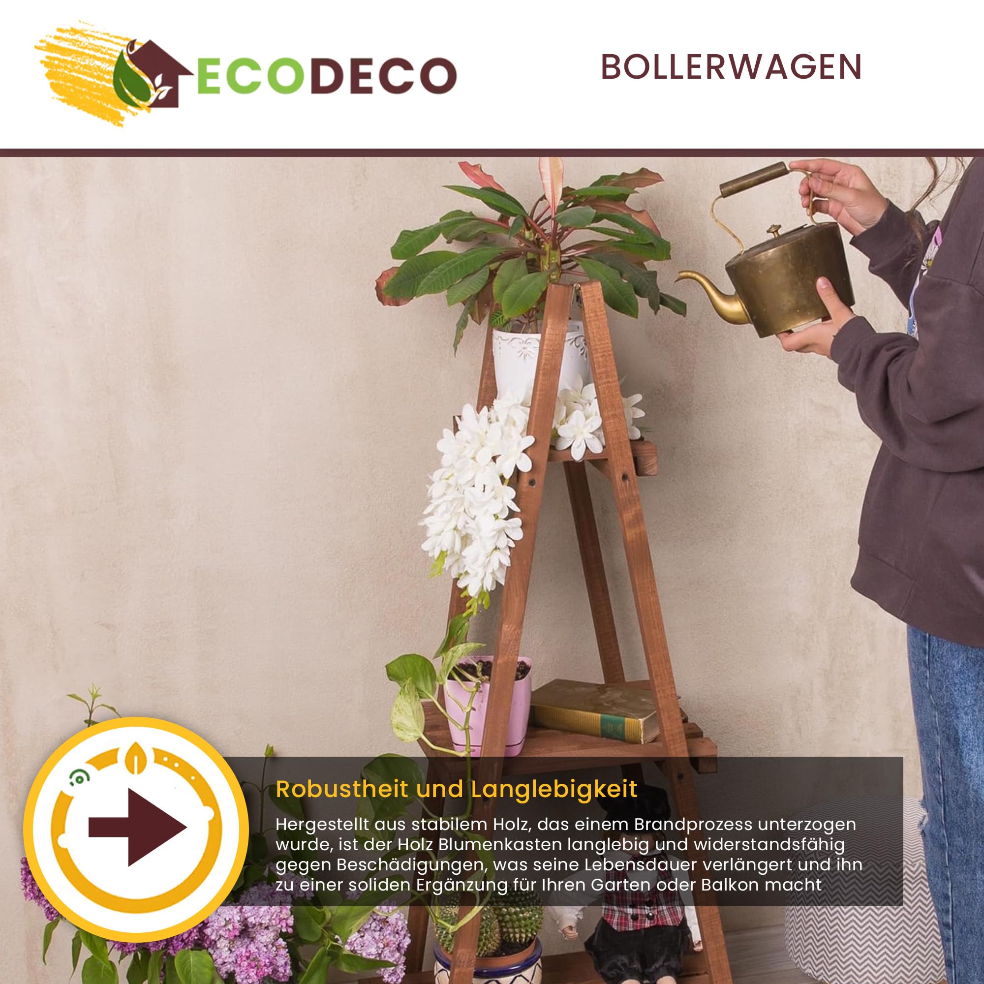 ECODECO Bollerwagen Holz Blumenständer für Draußen | Vintage Deko Garten Blumentopf Holz Outdoor Blumenwagen | Holzdeko Garten Blumenständer Balkon