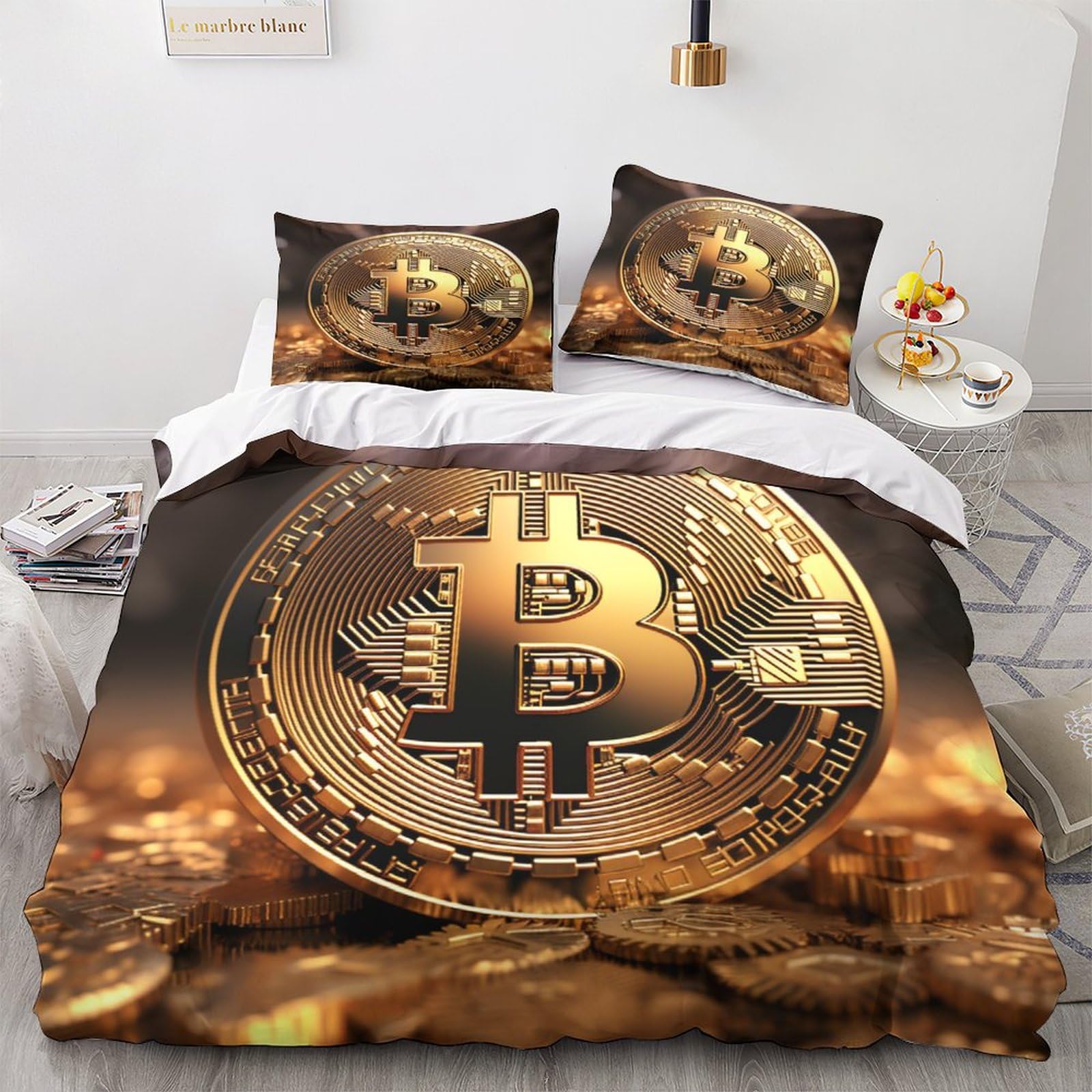 OPSREY Virtual Currency Bedding Set Sleeping Aid Duvet Cover Set Soft Microfiber Bitcoin Quilt Cover with Pillowcases Comforter Cover with Zipper Closure for Kids Teens Adults Double（200x200cm）