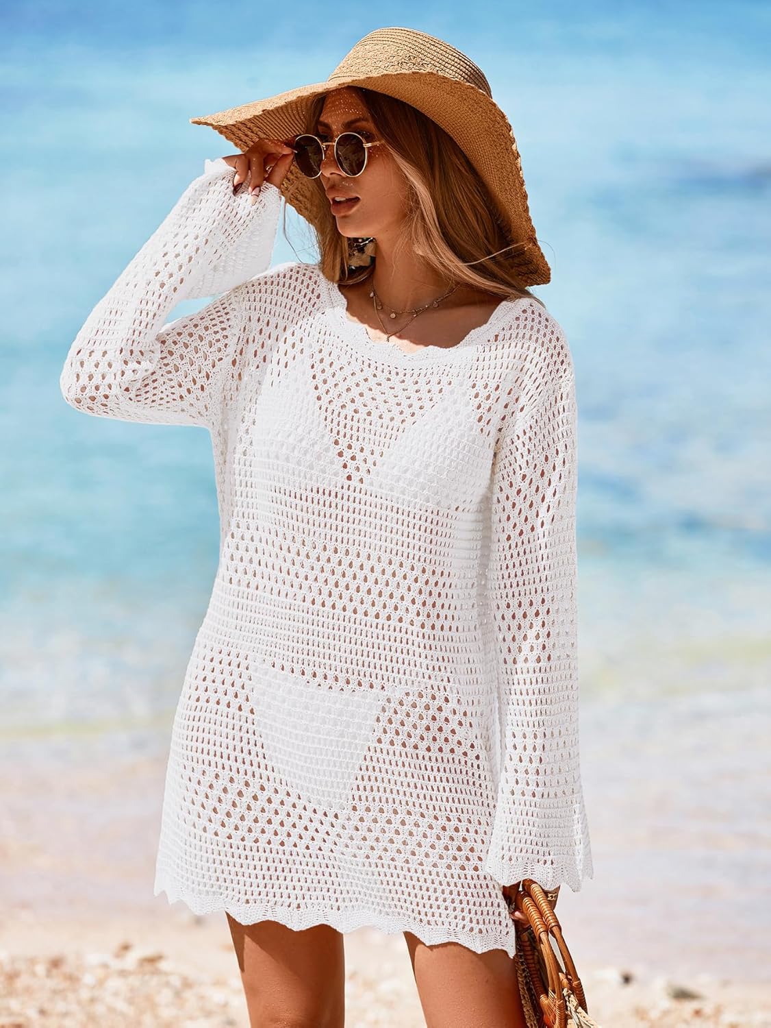 Womens Crochet Knit Swimsuit Coverup Mini Dress Summer 2026 Boat Neck Wavy Trim Beach Bathing Suit Cover Up - Image 5