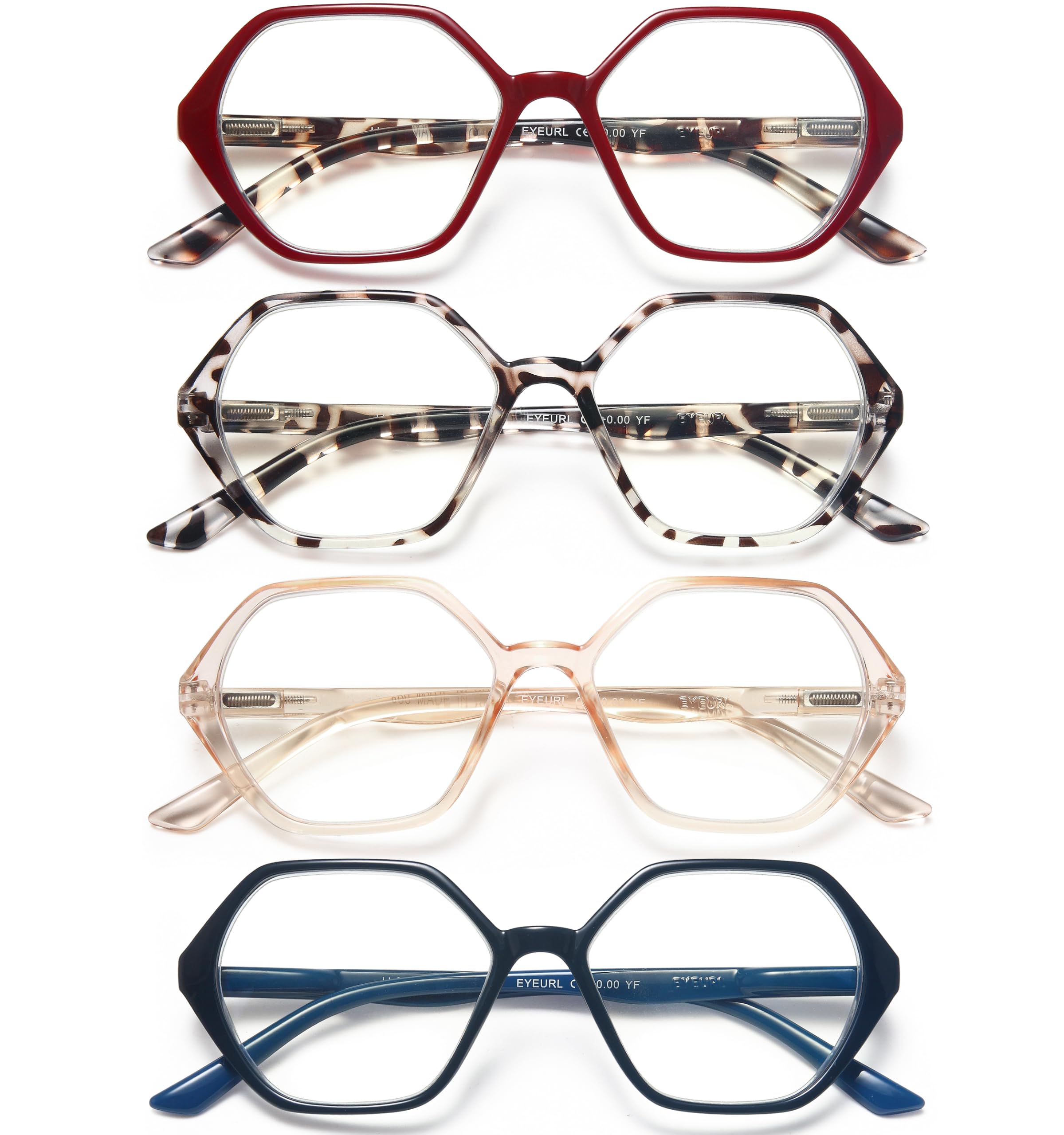 EYEURL 4-Pack Reading Glasses for Women Blue Light Blocking Reading Glasses Vintage Design Diamond-Shaped Frame Spring Hinge Readers for Women Men