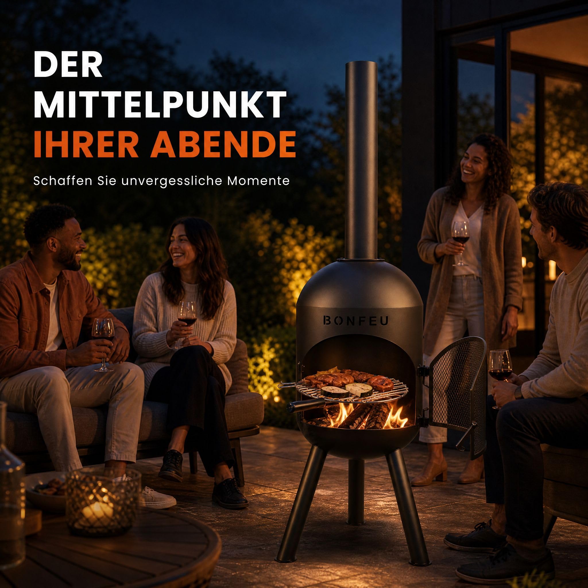 BonFeu BonSolo Terrassenofen Schwarz – Hochwertiger Gartenkamin mit BBQ-Grillfunktion, Ø 34 cm, H 124 cm – Robuster Outdoor-Kamin aus Stahl inkl. Grillrost und Schürhaken für Garten & Terrasse