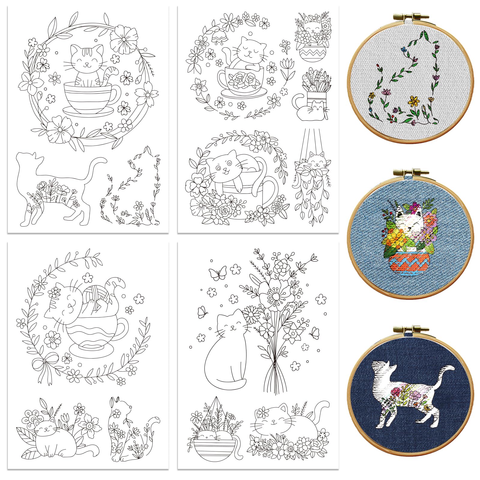 peacoblue Water Soluble Embroidery Patterns for Beginners 4 Sheets Cute Cat with Flower with 14pcs Patterns