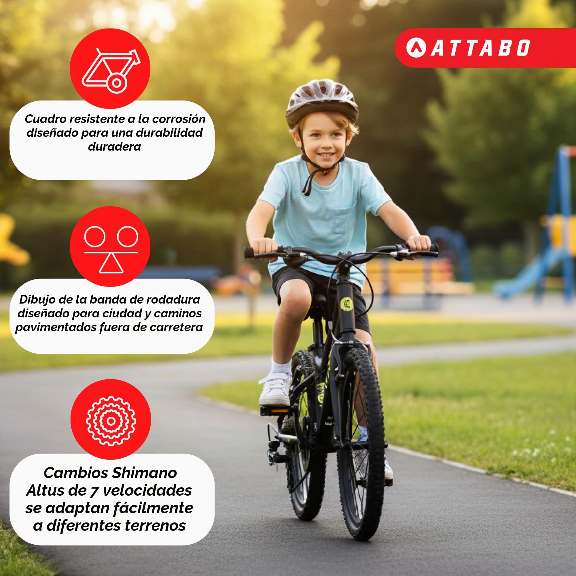 ATTABO Knack 20 - Bicicleta infantil (5 – 9 años) con marco de aluminio ligero, ruedas de 20 pulgadas, horquilla de acero, para 110 – 135 cm de altura, construcción estable, cómoda y segura en cada
