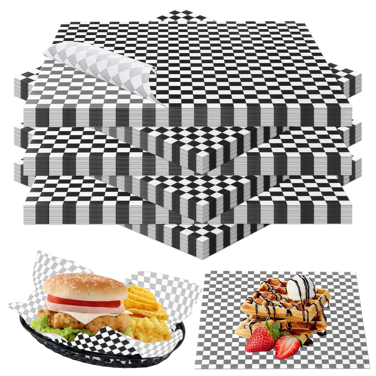 APACALI 500PCS Greaseproof Paper Sheets 30 x 30cm, 11.8 x 11.8 Food Grade Wax Papers Sheets, Food Wrapping Papers for Sandwich, Hamburgers, Fries, Cake Baking, Black & White