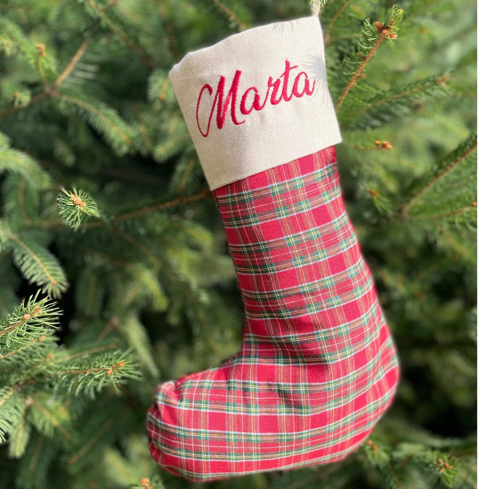 Calza Befana Personalizzata con Nome Ricamato – Calza Natalizia Artigianale in Tartan Rosso – Calza della Befana per Bambini e Adulti – Regalo Personalizzato Natale