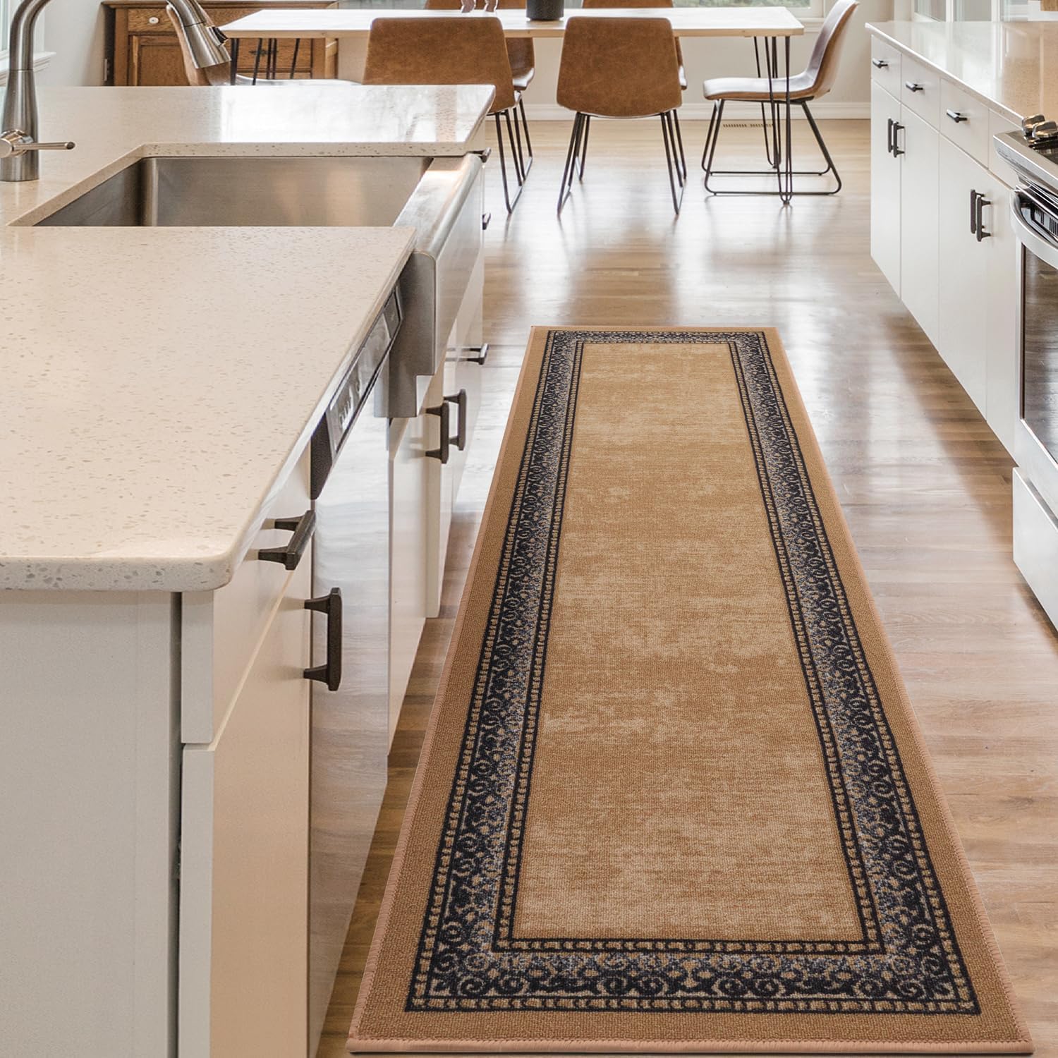 Antep Rugs Alfombras Bordered Modern 2x7 Non-Slip (Non-Skid) Low Pile Rubber Backing Indoor Area Runner Rug (Gold Brown, 2' x 7') 2' x 7' Gold Brown