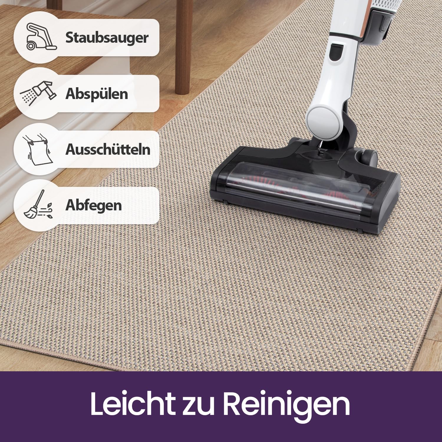 DEXI Teppich Läufer 80 x 250 cm, rutschfest, Absorbierend, Beige | Polyester, Gummirücken, Flur, Küche, Waschküche, Eingangsbereich