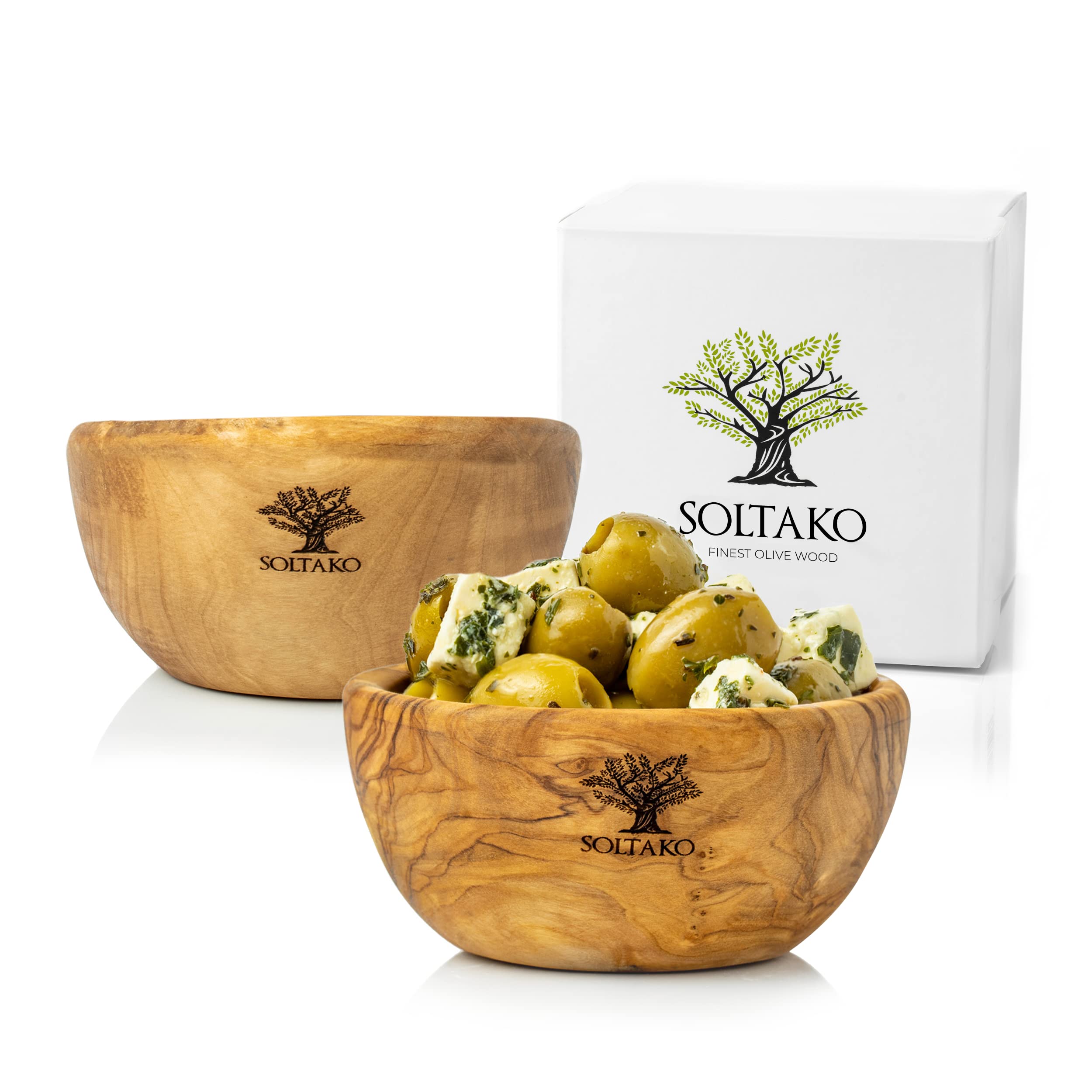 SOLTAKO Bols pour Sauce en Bois d’Olivier - Bol pour Aperitifs - Plat de Service - Bol en Bois Brut pour Fromages, Sauces, Charcuterie, Noix, Mayonnaise, Ketchup, Olives - Ø 10 cm - set de 2 Bols