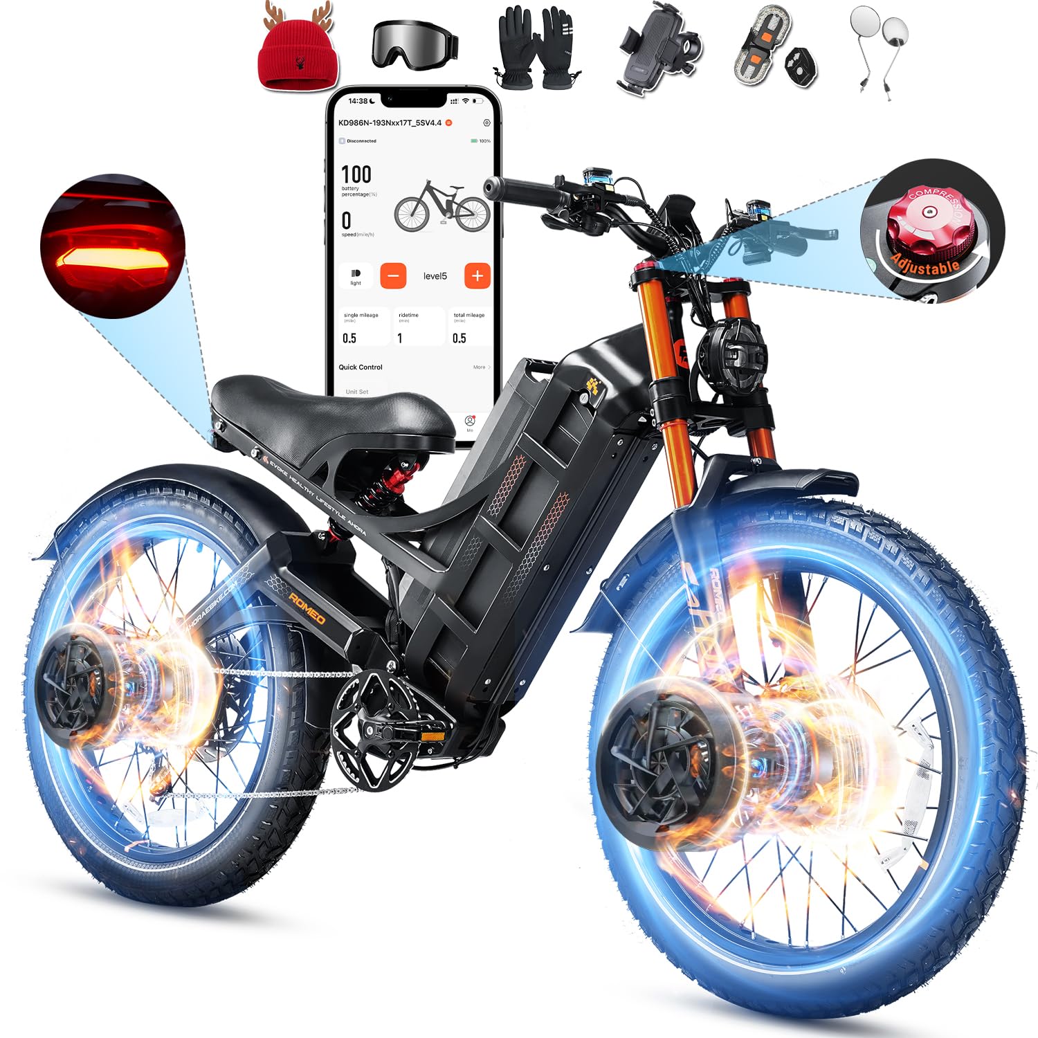 2026 Romeo Pro 3 5600W 50Mph High-Torque Ebike, 60V 80Ah 250-Mile Long Range Electric Bike for Adults, Adjustable Air Suspension, 26'' Puncture-Proof Tire, UL 2849 Certified by TÜV